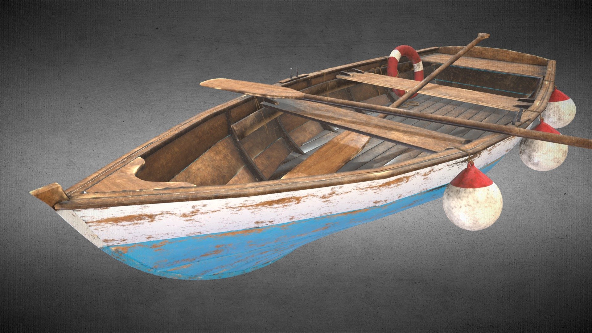 A wooden fishing boat with 6 buoys, a rescue ring and 2 paddles.
this boat was modeled in 3ds max and texture in substance painter.
this project was inspired by a tutorial of the creative Polyrendr:
https://www.youtube.com/watch?v=Tjl9bPoP9LM&amp;list=PLOpIH1V5cPIxN6WefGalztQdW3MBCHV5z&amp;index=19&amp;t=2847s&amp;ab_channel=Polyrendr