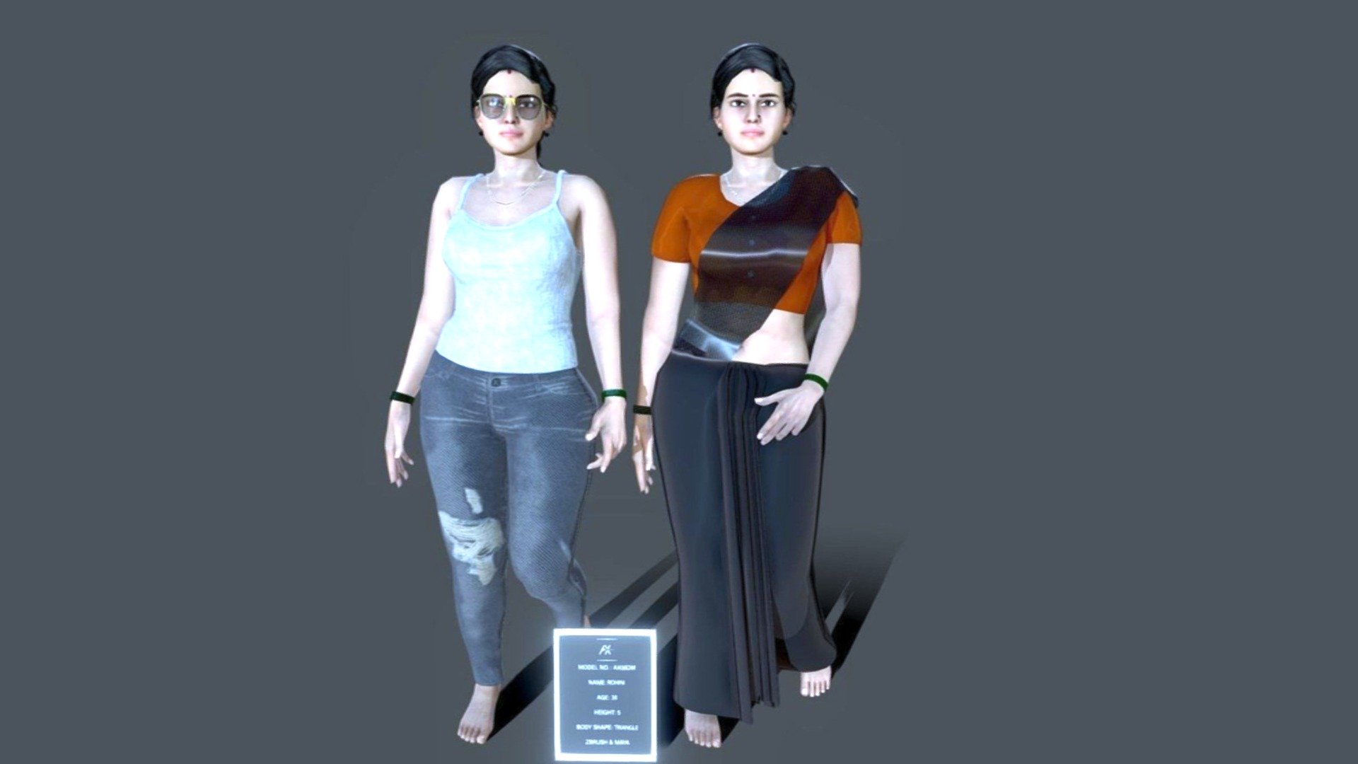 REMOVED WEB BASE 3D MODEL FOR SECURITY REASONS BUT YOU CAN DOWNLOAD IT ON https://www.fab.com/listings/59f97ec7-baad-4bc3-897c-5a5cfe10b5dd

Indian Women Rohini_AX07OM Model sculpted using zbrush, autodesk maya and character creator for texture.