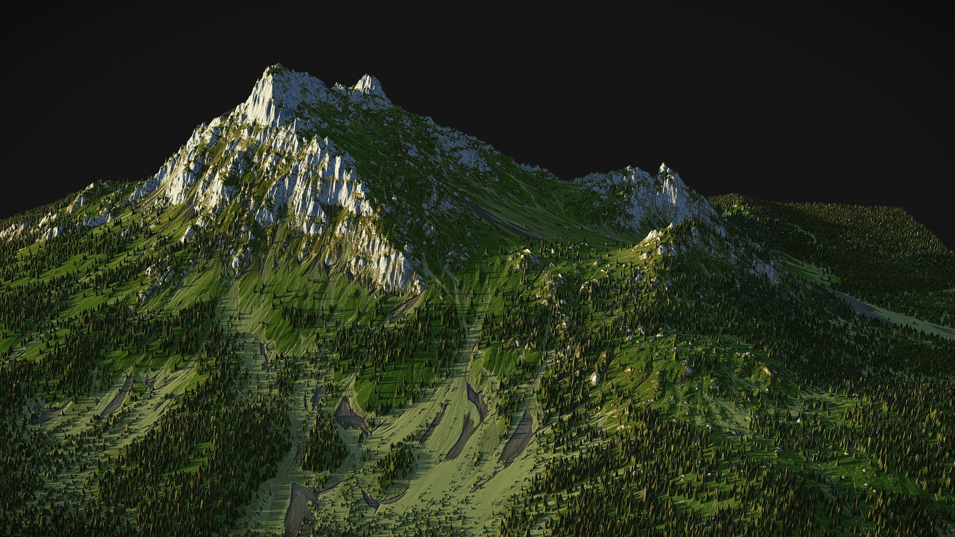 Fully Procedural Mountain created in World Machine.

included 4k textures - COLOR \ NORMAL \ LIGHT_1 \ LIGHT_2 \ FOREST

Ready for game or render!

Other assets on https://gamewarming.com/