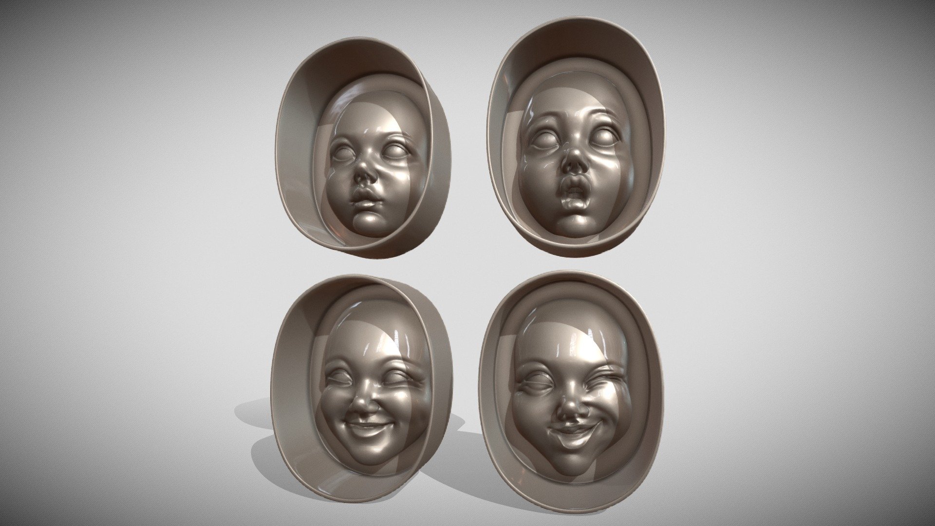 Baby face molds with different emotions for casting silicone molds, reusable, for the subsequent production of baby faces for handmade dolls or for any other creative decoration.
You just need to pour silicone into these molds and you will get ready-made durable silicone molds, filling which you can cast or sculpt faces, for example, using polymer clay, foam, or other substances that are used in this kind of work.
Attention! From these molds you do not cast the faces themselves, but silicone molds for reusable production of faces
I set the size of the molds to 40 mm, but you can change it as you need.
All models are checked, tight, have no foreign inclusions.