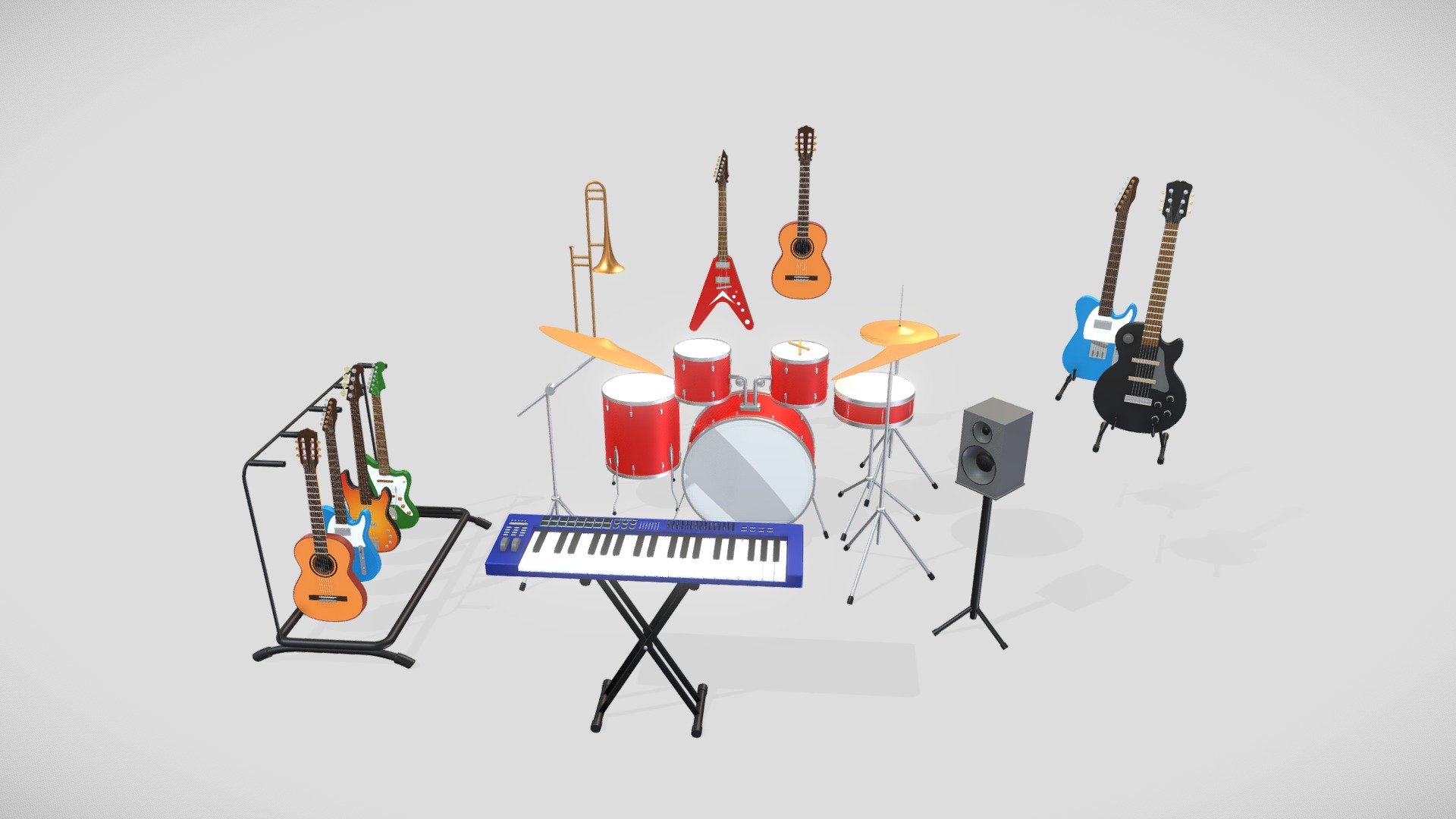 In this pack of musical assets you will find the following stylized instruments:




6 guitars

4 drums

Cymbals

Keyboard/Piano

speakers

Racks and stands for instruments
