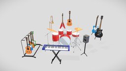 Music room - Set of instruments drum, music, volume, sound, composition, hobbie, song, hobbies, cartoon, lowpoly, piano, keyboard