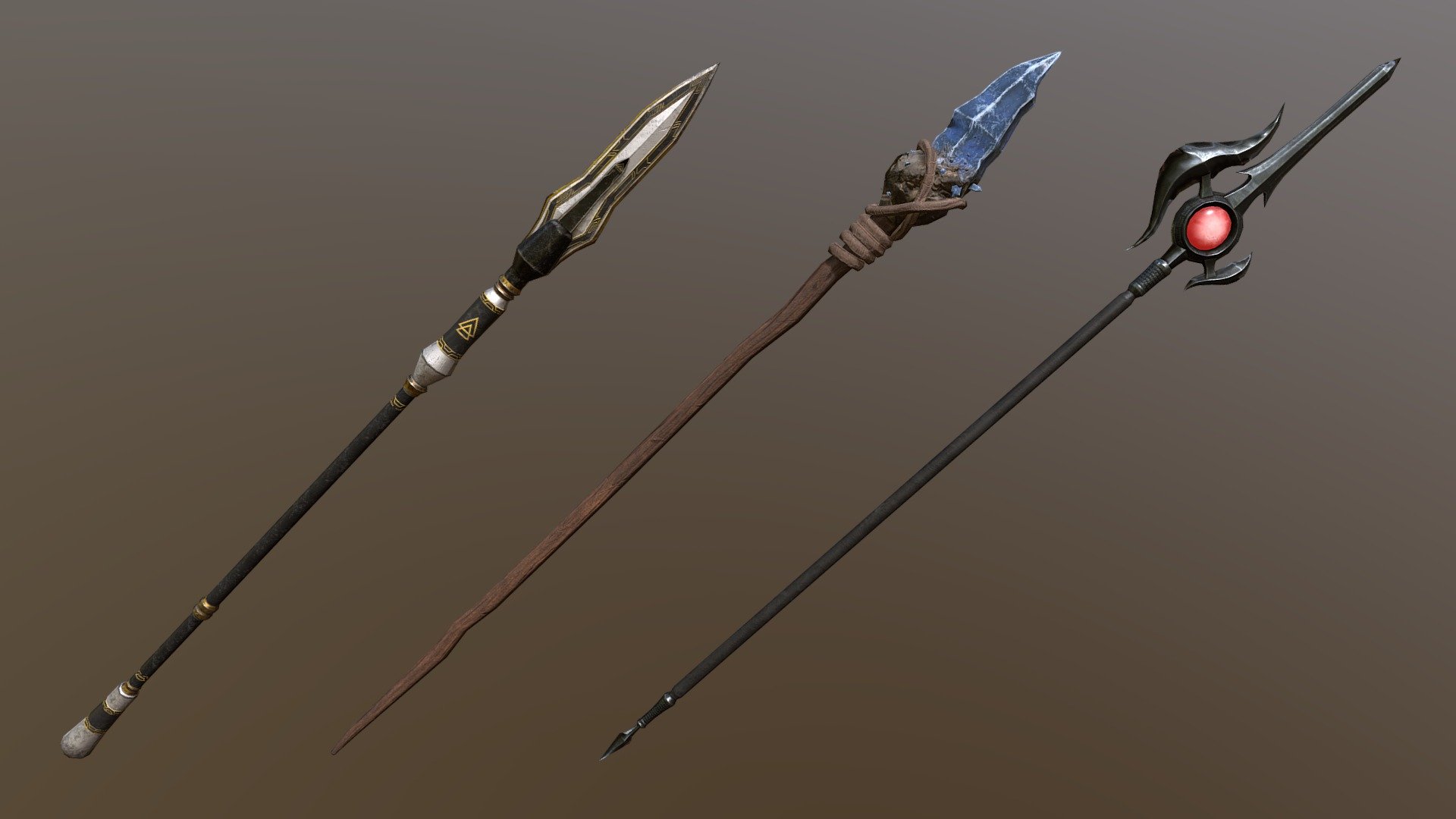 After modelling an environment for my last project, I decided to focus on props this time. I pushed my modelling skills by attempting different spear designs, incorporating shapes that went beyond the typical box-shape. Spear B (middle) was especially challenging given its organic nature, so it was an opportunity to practice sculpting in ZBrush.

I established themes for each spear to ensure each deisgn was unique:
Spear A (left) - Science Fantasy (inspired by the Prime weapons of Warframe)
Spear B (middle) - Primitive
Spear C (right) - Magic

Tri Count:
Spear A - 986
Spear B - 1072
Spear C - 1498

Modelled in Maya
Sculpted in ZBrush (only Spear B)
Textured in Substance Painter