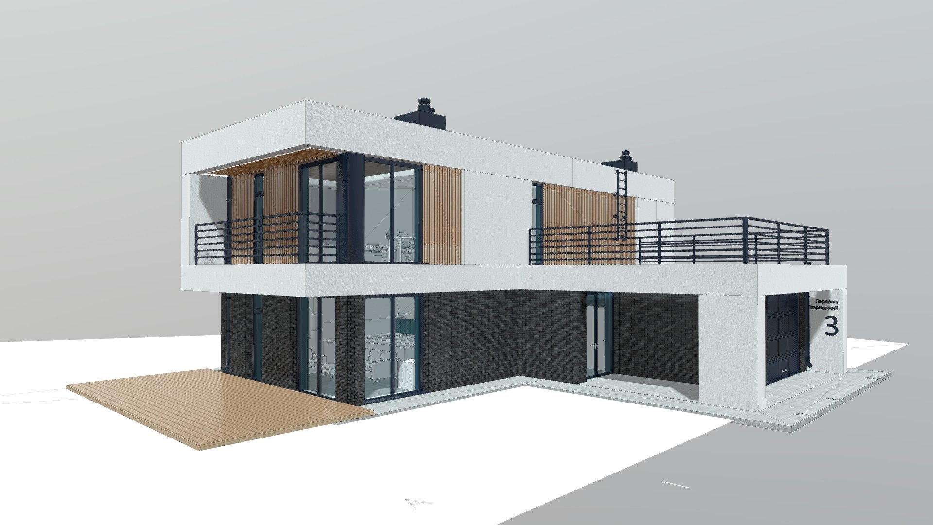 House - 155.3 sq. m,
Garage - 29.1 sq. m,
Porch - 8.4 sq. m,
Terrace - 47.1 sq. m

2 bedrooms + Master bedroom
Kitchen-Living room

Material: gas silicate block 300 mm thick with insulation 100
mm Mineral wool

Exterior wall decoration - 1st floor: facing bricks of Euro format, slatted facade made of thermowood, plaster.
