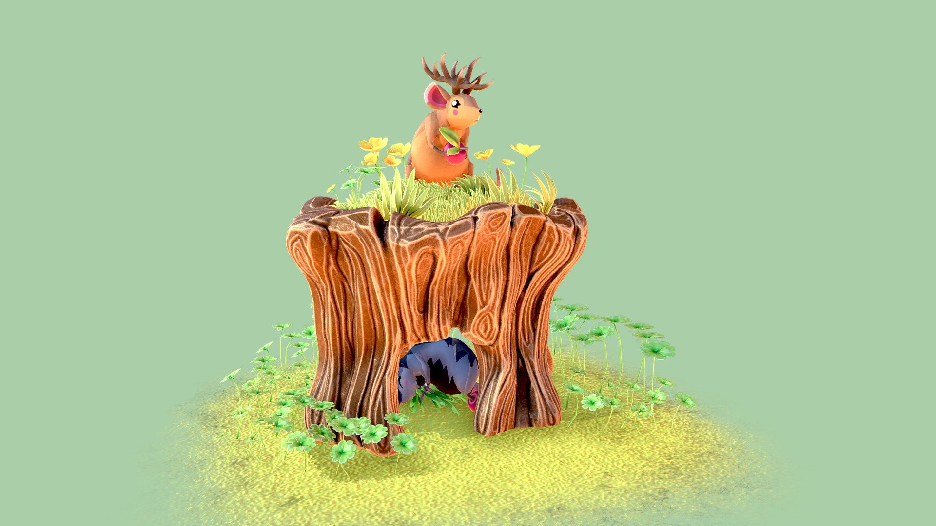 Cute painted style scene with mice and greenery. 
Made to look hand painted and stylized. 
I used normal maps to bake micro detail into the surfaces of the models similar to how animal crossing new horizon has done. 
Modeled in Maya and textured in Substance painter.