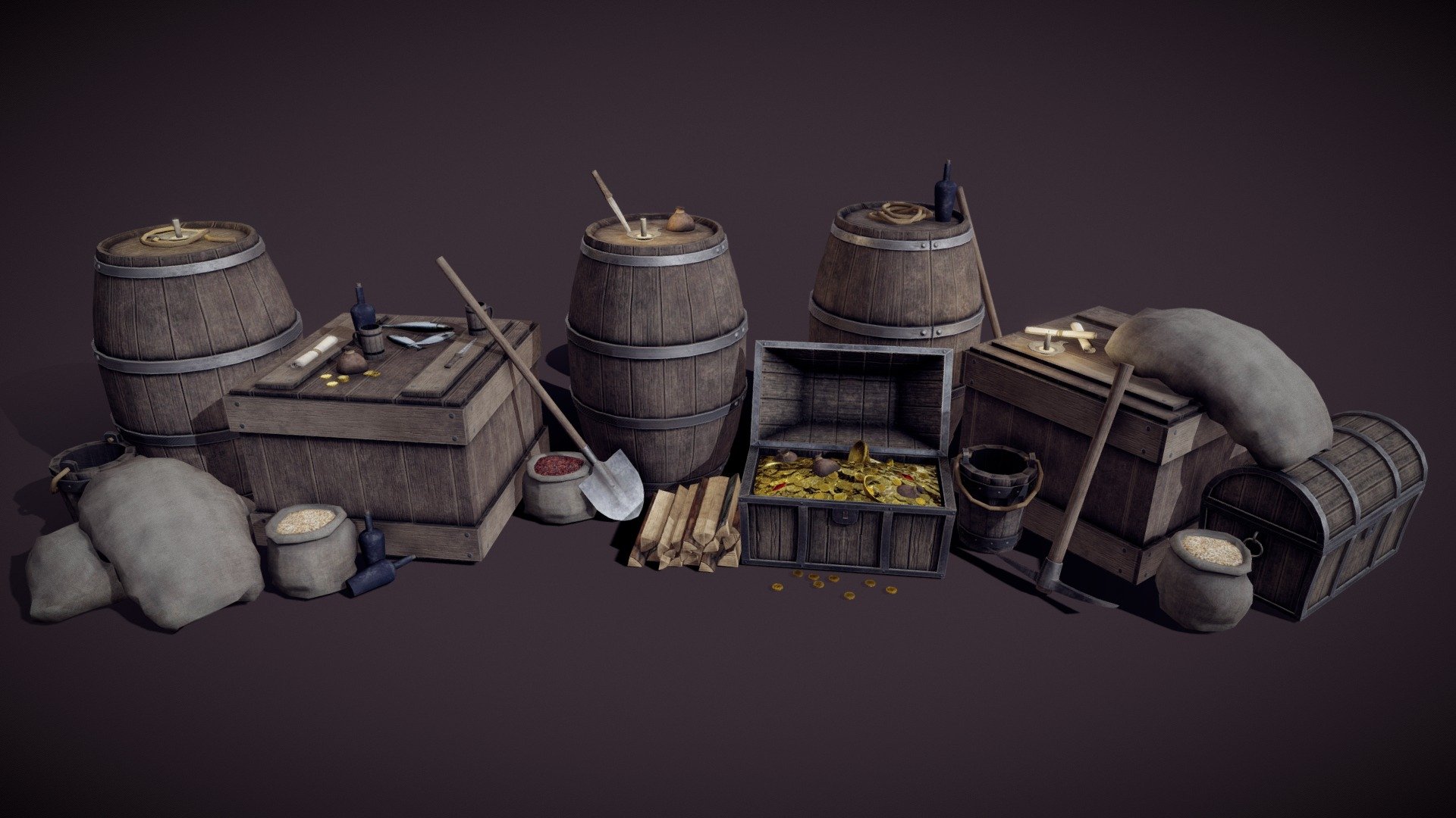 I present to you a medieval pack of models, can be used for different locations, suitable for first-person game, texture 4096x4096.
1 material.
Box
Barrel
Chest
Rope
Pickaxe
Shovel
Fish
Coins
Bag of coins
Bags
Groat bags
Knife
Bottle
Candlestick
Scroll
Bucket
Cup
Firewood
Golden Bowl
Golden Amulet