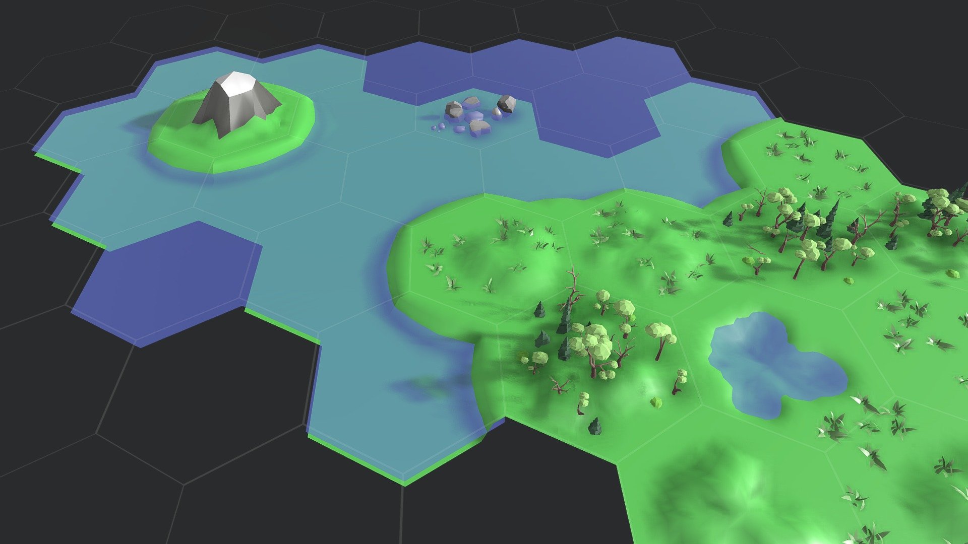 Total of 26 Simple Lowpoly Hexagonal-Modular terrain tile set. no textures, no uv's.

Grasslands (flat and 3 hill tiles).
Grasslands with forest (flat and 3 hill tiles).
Grasslands with lake (3 tiles).
Water tile
Coast tileset. (12 tiles).
Mountain tile.
Shoal tile.
2 grass meshes to layout on tiles.