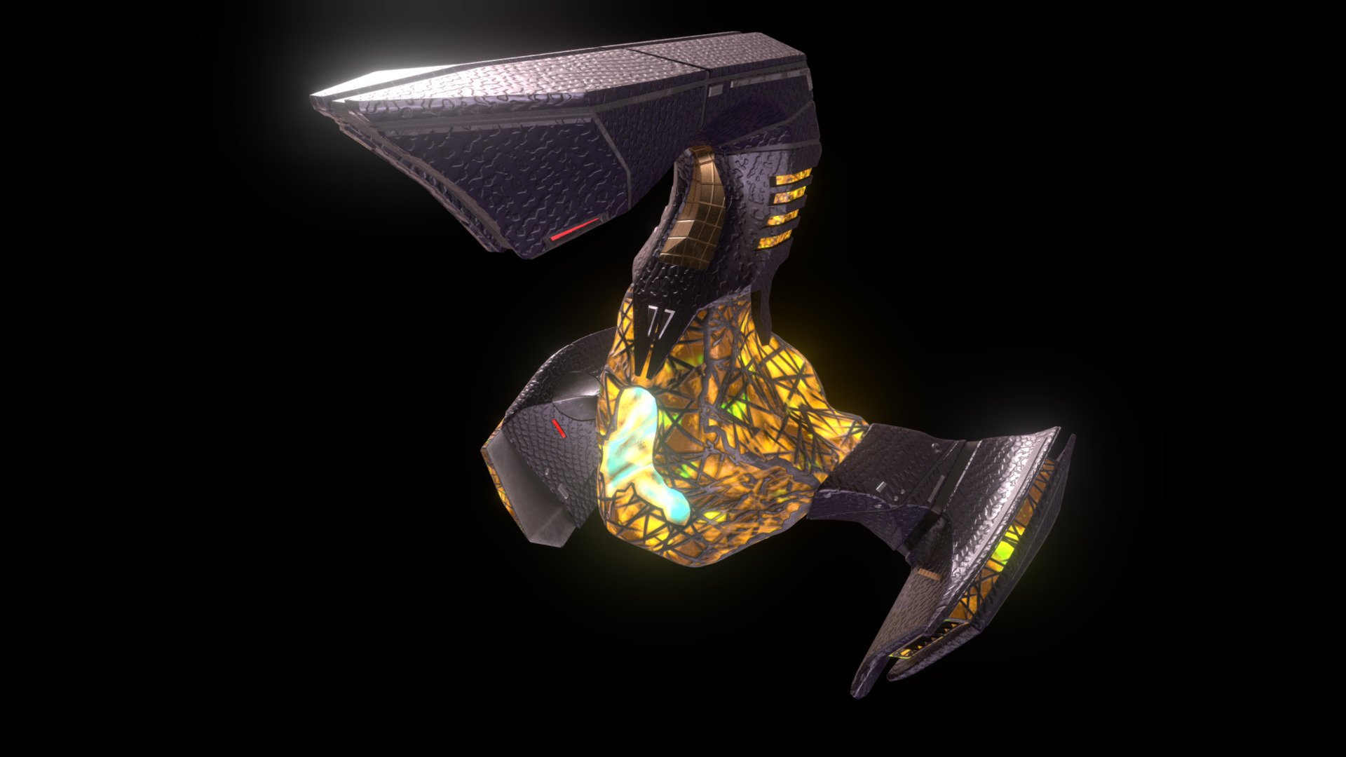 My 3D model of the Gorn Hunter starship used by the Gorn during the mid 23rd century, facing conflicts with Starfleet. This ship design was seen in Star Trek: Strange New Worlds. Original design by Daniel J Burns.