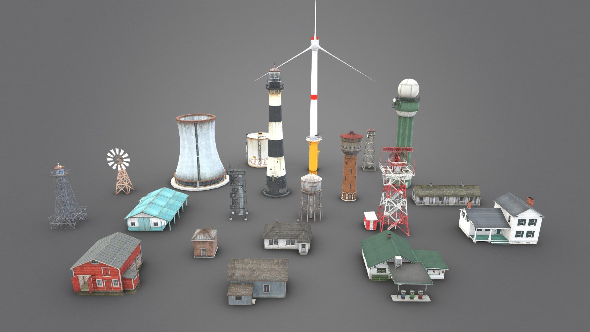 The collection contains 20 low-poly 3d models of various types of buildings and structures.

There are some towers, windmills, residential and some industrial buildings in this package. 

These 3D models are best for use in games and other VR / AR, real-time applications such as Unity or Unreal Engine. 

Technical details:




The whole collection contains about 38k tris.

Mostly 2048 up to 4096 Diffuse and AO textures per model.

Models are correctly divided into parts when needed.

Models are completely unwrapped.

Models are fully textured with all materials applied.

Lot of additional file formats included (Blender, Unity, Maya etc.)

More file formats are available in additional zip file on product page.

Please feel free to contact me if you have any questions or need any support for this asset.

Support e-mail: support@rescue3d.com