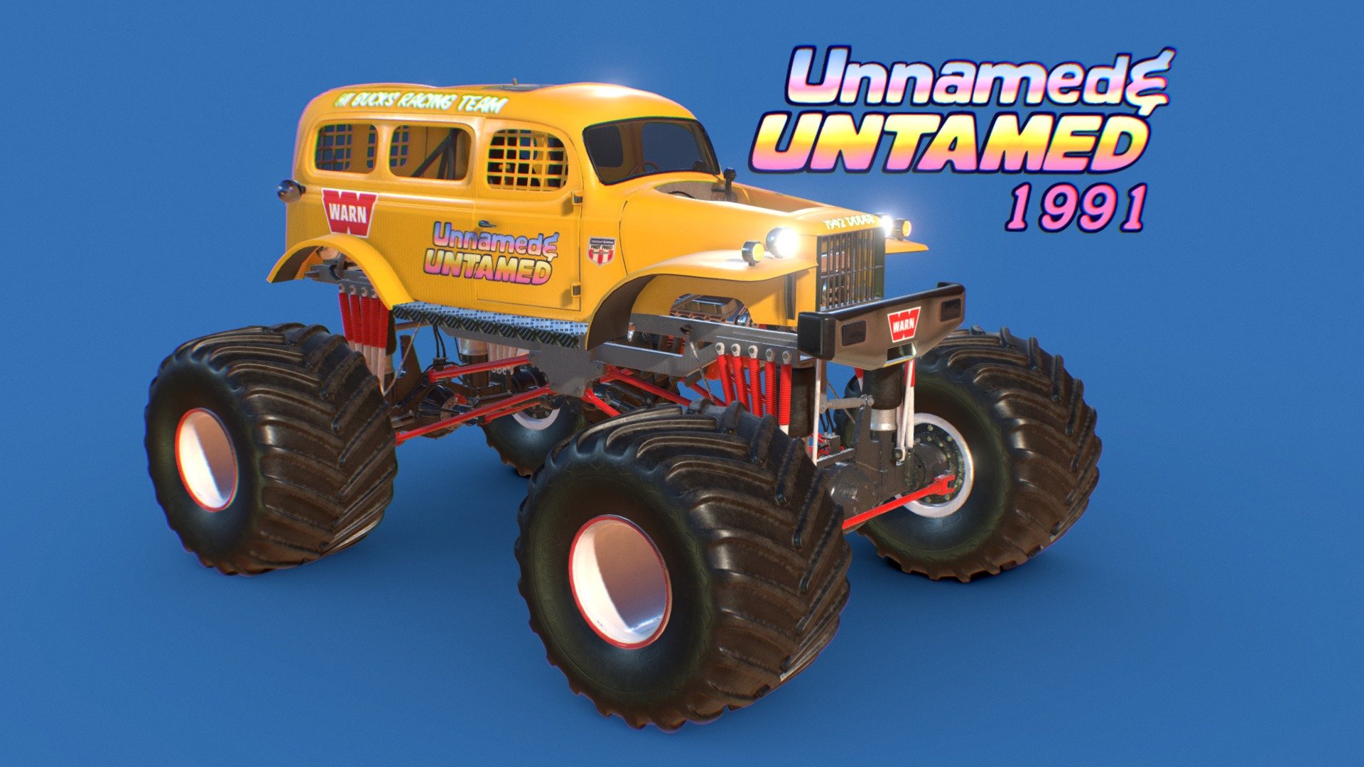 Freedom Racing is owner of Untamed brand, check out their page: www.freedomracingmt.com

This is unofficial fan model
This version of Unnamed debuted in 1991 if I'm correct. It was further modified and got new paint scheme next year.

There is not much info available about it, no articles written about this version, so some details are just guess.
Here seen with:

Note to self, details that are missing, wrong:

-Did not figure out what those things on rear were. They seem to be flexing, suspension limiting straps?? Here they are modeled as rear sway bars/dog bones

-Pipes, wires etc. on back of the cab are mess

-Needs proper air suspension control panel

-Actually needs loads of control things

-Aluminium panel on insides of doors are missing

-There are some decals on sides that are missing (sponsor logos, some stripes)

-Triangulated links combined with pan hard would cause binds

Here you can real thing in action:
https://youtu.be/B75QoedZYEg?t=332