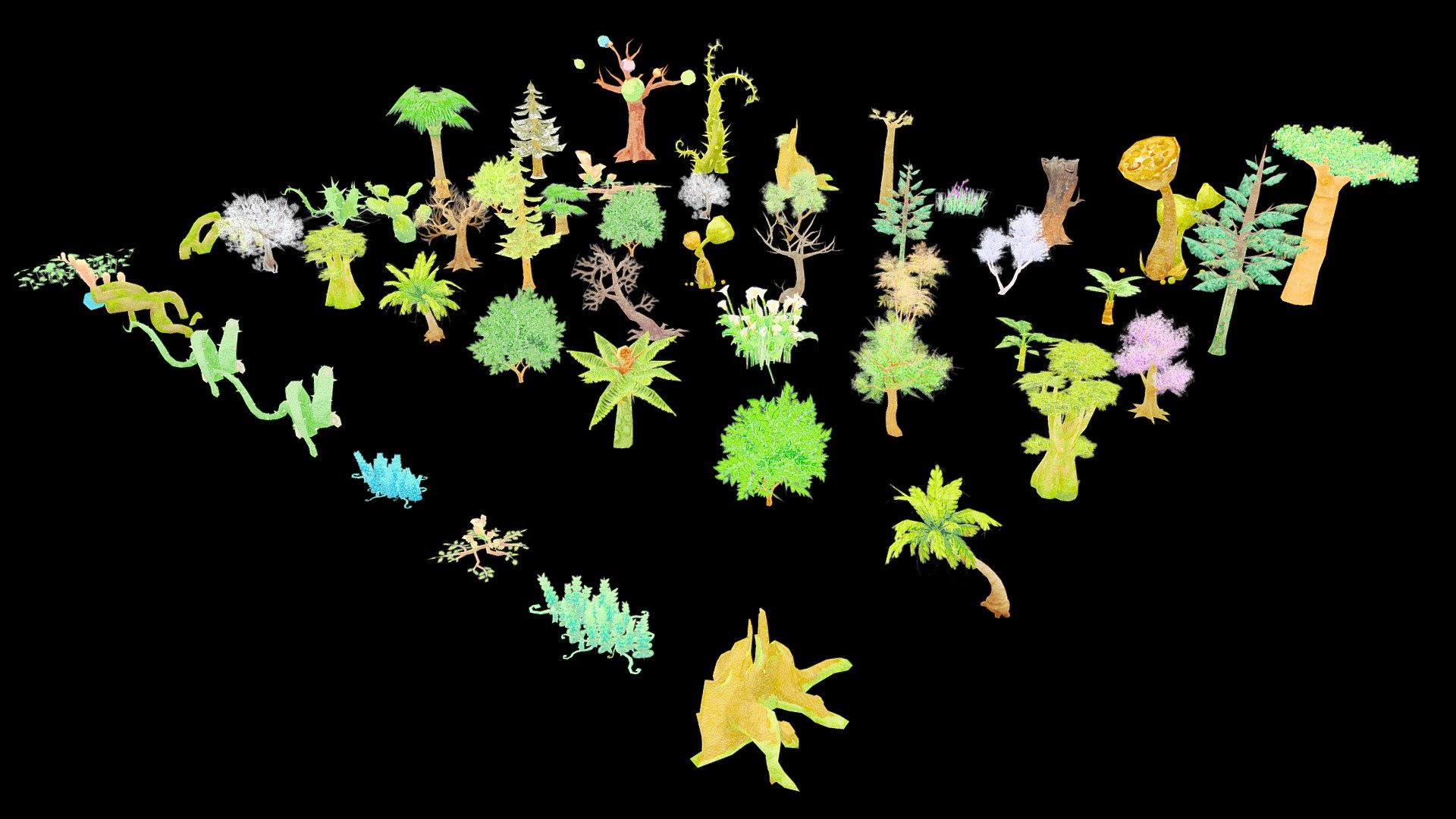 A package of low polygonal plants.The package contains 50 objects. 
Objects are optimized as much as possible. The total polygon is 49365 triangles. 



Triangles: 840 to 9244 
Vertexs: 945 to 20558 
Only Textures Diffus duplicated in resolution 1024 and 512. Format textures of PNG. 
Files include: 3Dsmax, 3Ds, Obj, Fbx and folder with textures. Ready import to game project (Unity, Unreal) 



If there is a need for any type of model, send a message! We will provide. 
Thanks for your interest and love! 



Note: Watercolor style illustrations 
It is recommended to use flat lighting or shaderless material