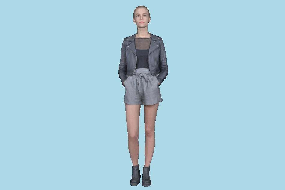 Ponytail Girl In Black Leather Jacket And Short 3d model