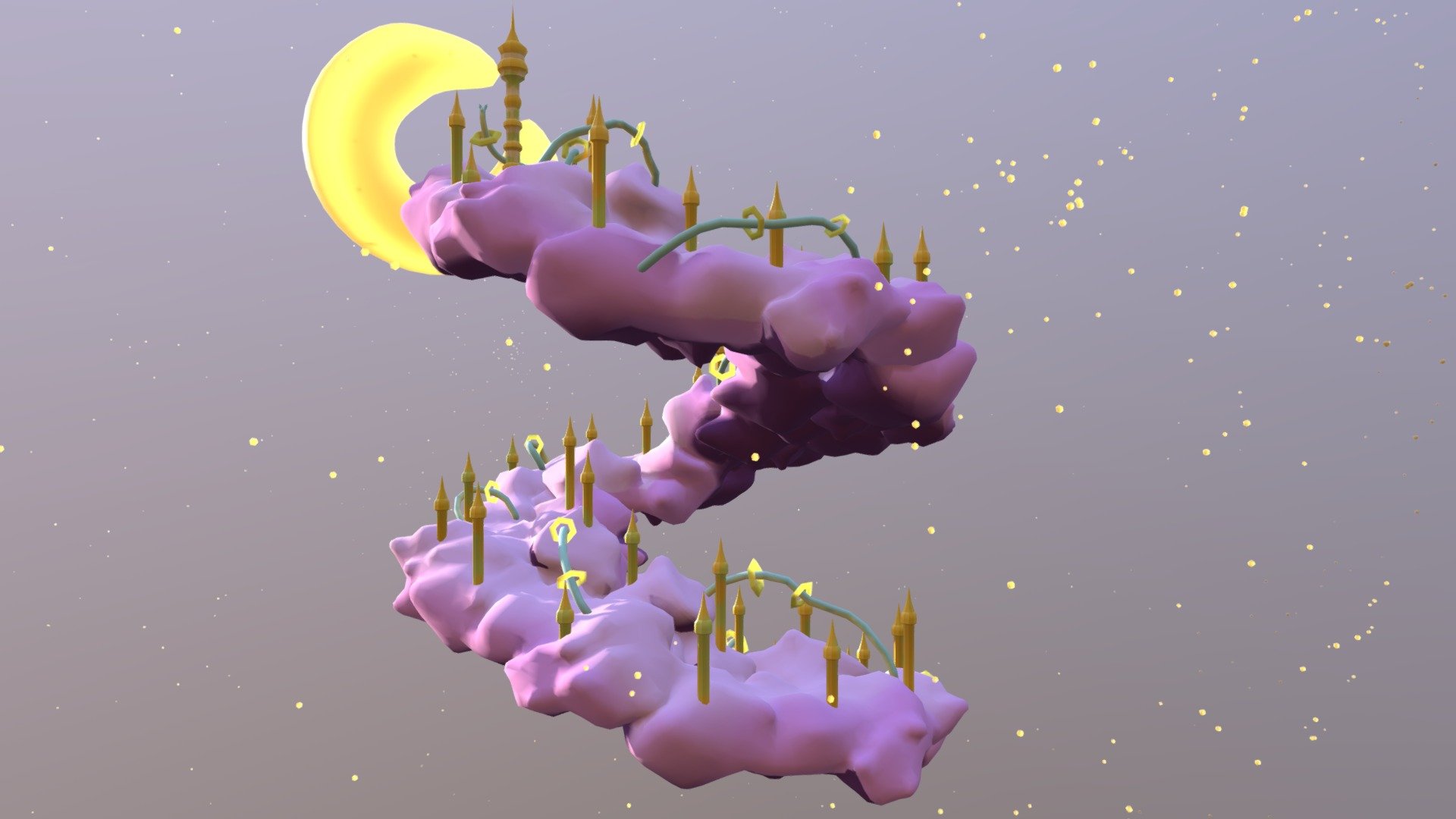 This is my improved environment from a previous compulsory. I was originally going to use normal maps tht I made in 3DCoat, but they looked awful on the towers that I instead went for a less detailed approach, with larger focus on colour.

The rings and moon are all animated to be slowly floating up and down, in 3 different speeds (they also glow). The large creature that pierces through many of the spiral clouds, is a mix between a Furby (spesifically the Long Furby meme) and the length of an asian dragon. He also has intimidating red eyes that glows 3d model