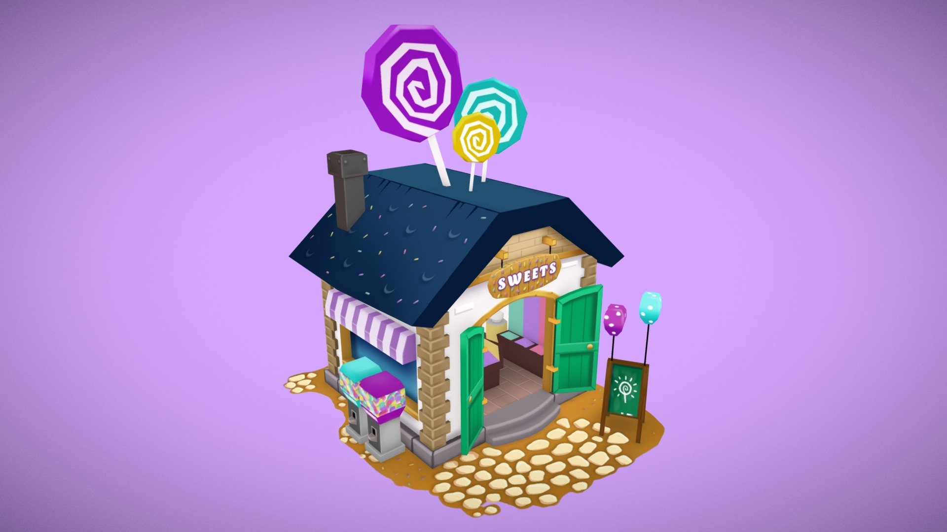 This model was part of a job application test. My task was to model and texture a candy shop which had to match in color and style based on two delivered 3d renderings. I really enjoyed to work on this sweet little model and to paint all those tiny details. Hope you like it too :&gt;

More stuff (breakdowns, texturing process etc.) on my Artstation-Account 3d model
