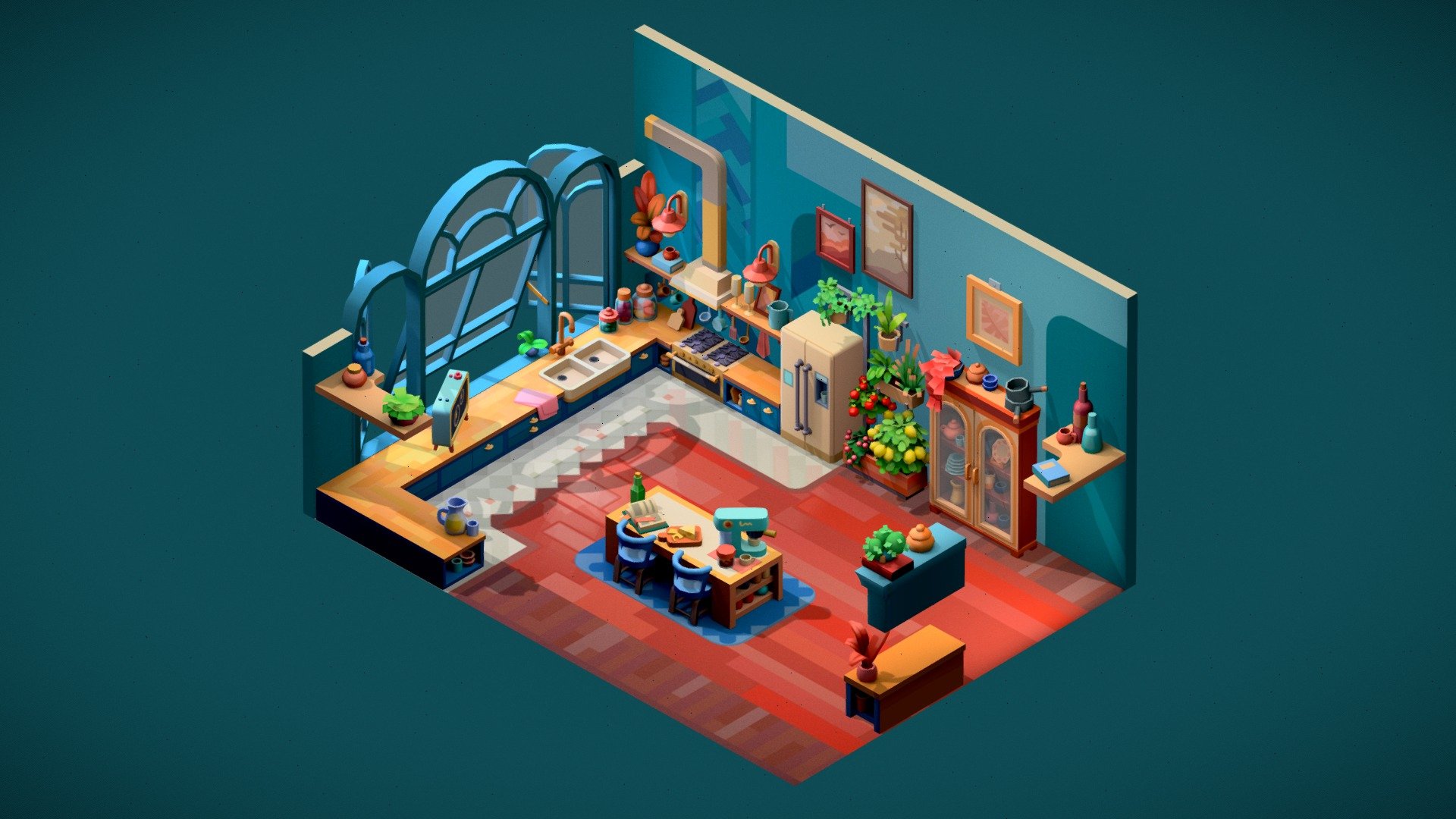 This is the kitchen location that I created during my work on a Pixelwoods game. I was responsible for the creation of models and textures of locations for new story days. During my work, I worked closely with the 3D lead, art lead, concept artists, and animators.

Thank you very much to the whole team!
3D Lead Ivan Chernobrovkin https://www.artstation.com/onikoge
Art Lead Yuri Evseev https://www.artstation.com/jorn_siberian
Concept artists Viktoria Kychma  and Anna Balackaya https://www.artstation.com/hannako - Stylized cozy kitchen - 3D model by Irina Kostina (@irinakostina) 3d model