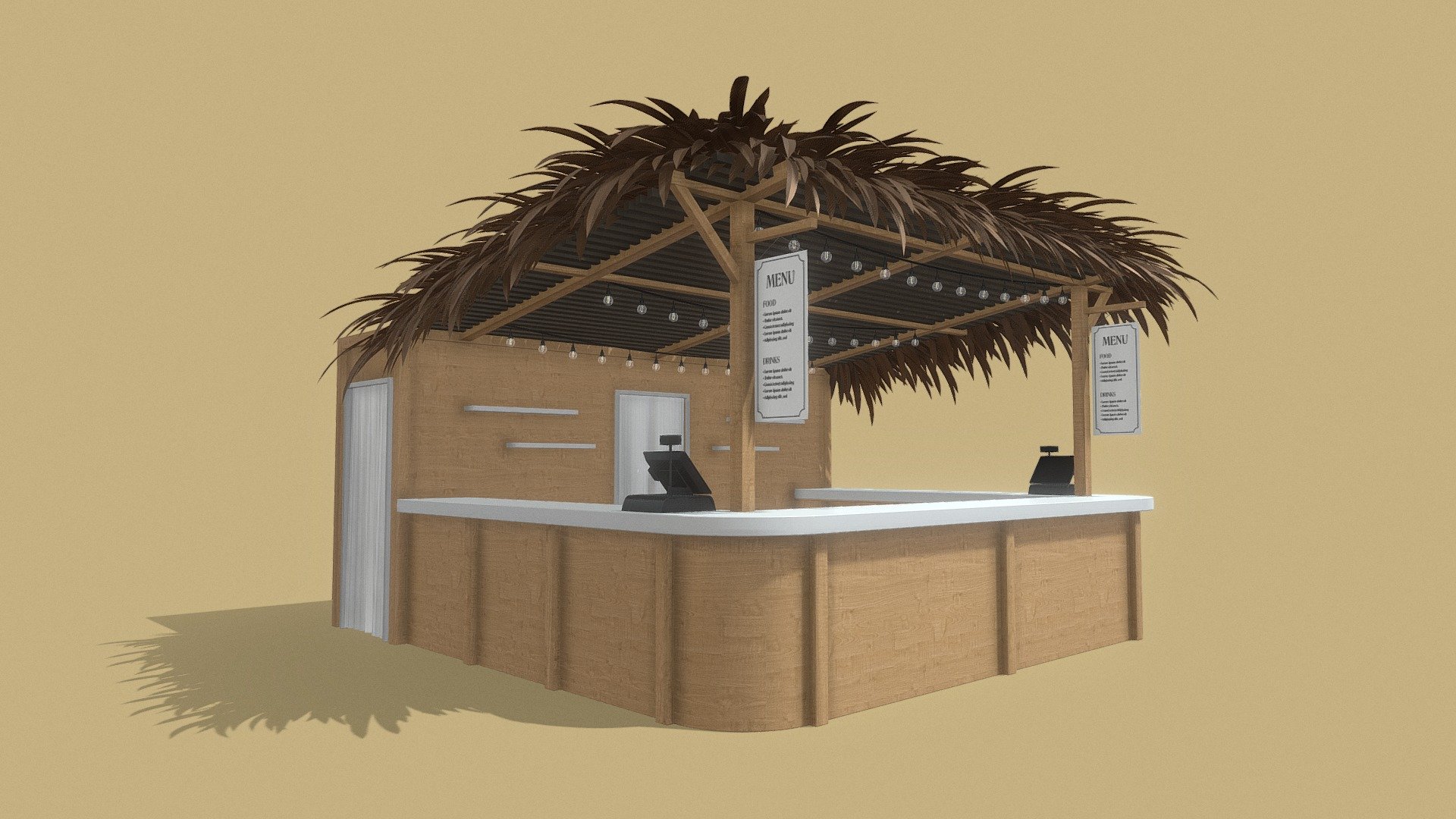 Beach Bar 5x5 Meters

Measurements:




5.00m x 5.00m x 3.00m (L,W,H)

Textures Included:




Wood

Menu

IMPORTANT NOTES:




This model does not have materials, but it has separate generic materials, it is also separated into parts, so you can easily assign your own materials.

Just the parts with texture have Unwrapped UVs, All the other parts doesn't have Unwrapped UVs.

Model units are on meters.

If you have any questions about this model, you can send us a message 3d model