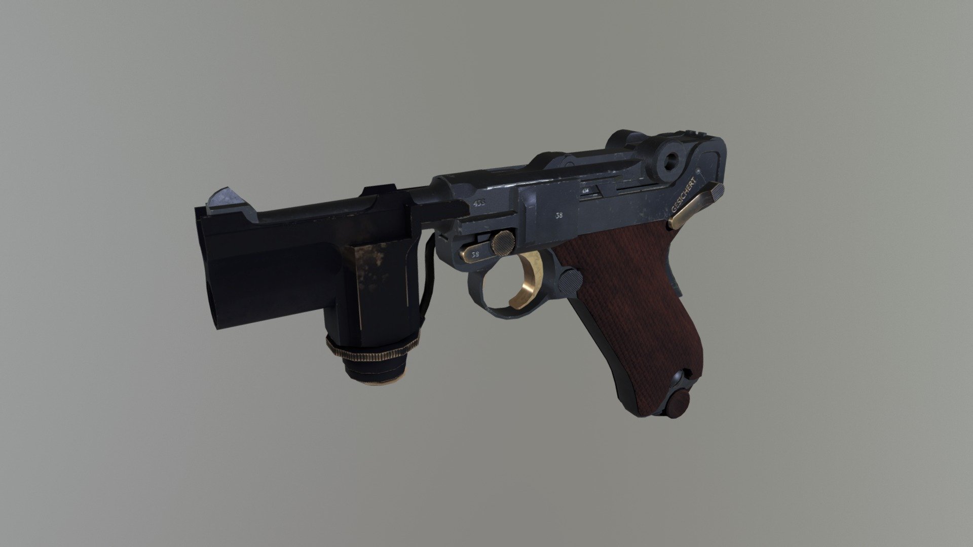 Luger fitted with an early form of tactical flashlight, turned on by holding it and closing the circuit by sheer skin conductivity.
This is no original creation but a very rare and cool looking gun that was used by the Hitler guard 3d model