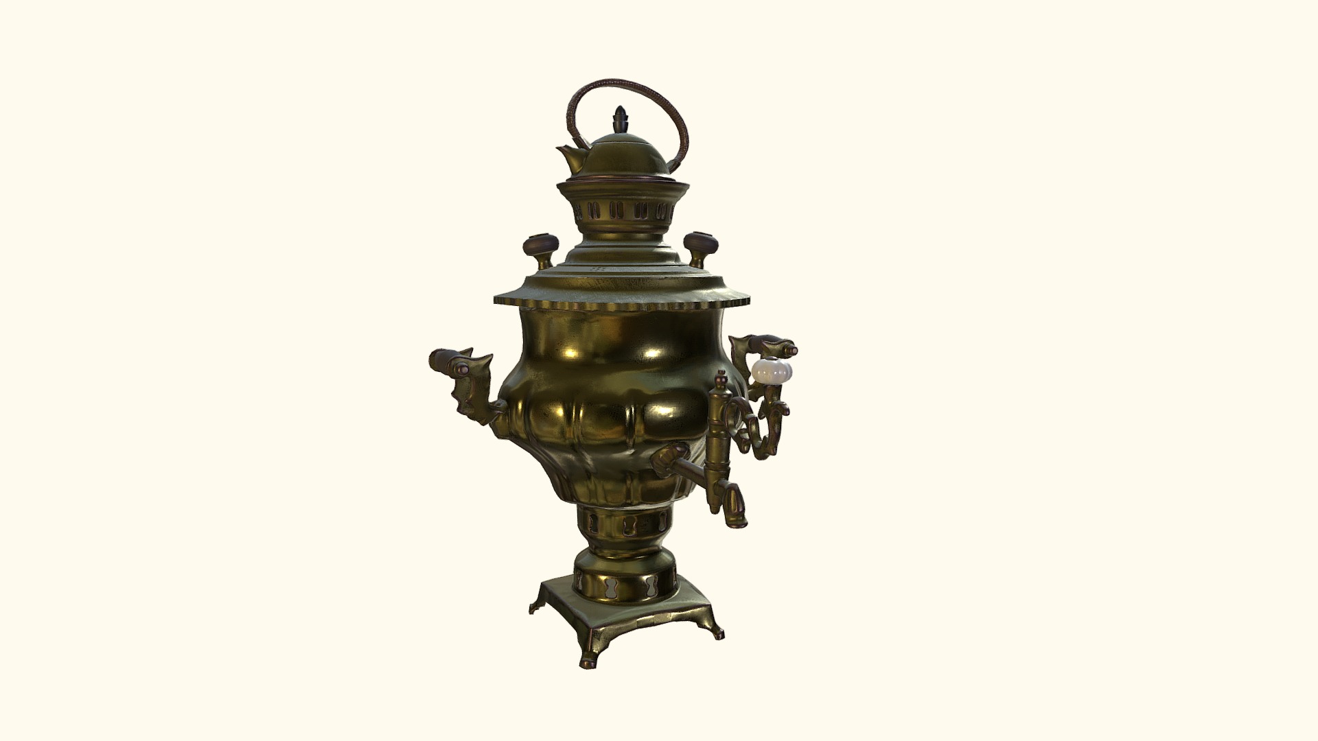 Đây là chiếc ấm Samovar dùng để nấu trà đen của Nga, được làm bằng đồng, có niên đại khoảng giữa thế kỷ 19. Người ta thường đốt than hoặc củi theo một đường ống thẳng đứng giữa ấm và nhiệt độ của nó sẽ làm sôi nước. Phần bụng ấm chứa nước được thiết kế to ra có những gợn lồi lõm được gắn vào là vòi rót, gạt ngang với thanh đồng cắt khúc dôi ở giữa bụng ấm. Nắp hình răng cưa tinh tế với đường nét mạnh mẽ, độc đáo, phía trên có một lỗ tròn như một chiếc khay nhỏ để đặt chiếc ấm pha trà nhỏ có quai bằng mây. 

Chiếc ấm được làm tinh xảo với kiểu dáng giống như một chiếc cúp bằng đồng, có hai quai để bưng hai tay một cách trang trọng. Theo tiếng Nga, Samovar có nghĩa gốc là “tự đun sôi”. Thời trước, để đun sôi nước trong chiếc ấm đó, người ta gắp than hồng, quả thông, gỗ vụn bỏ vào một ống đặc biệt có tác dụng như chiếc bếp nhỏ bên trong Samovar để giữ nhiệt. Samovar còn thể hiện cho sự giàu có dựa vào hoa văn và độ tinh xảo của ấm. Đây là vật dụng không thể thiếu trong các gia đình người Nga qua nhiều thế kỷ 3d model