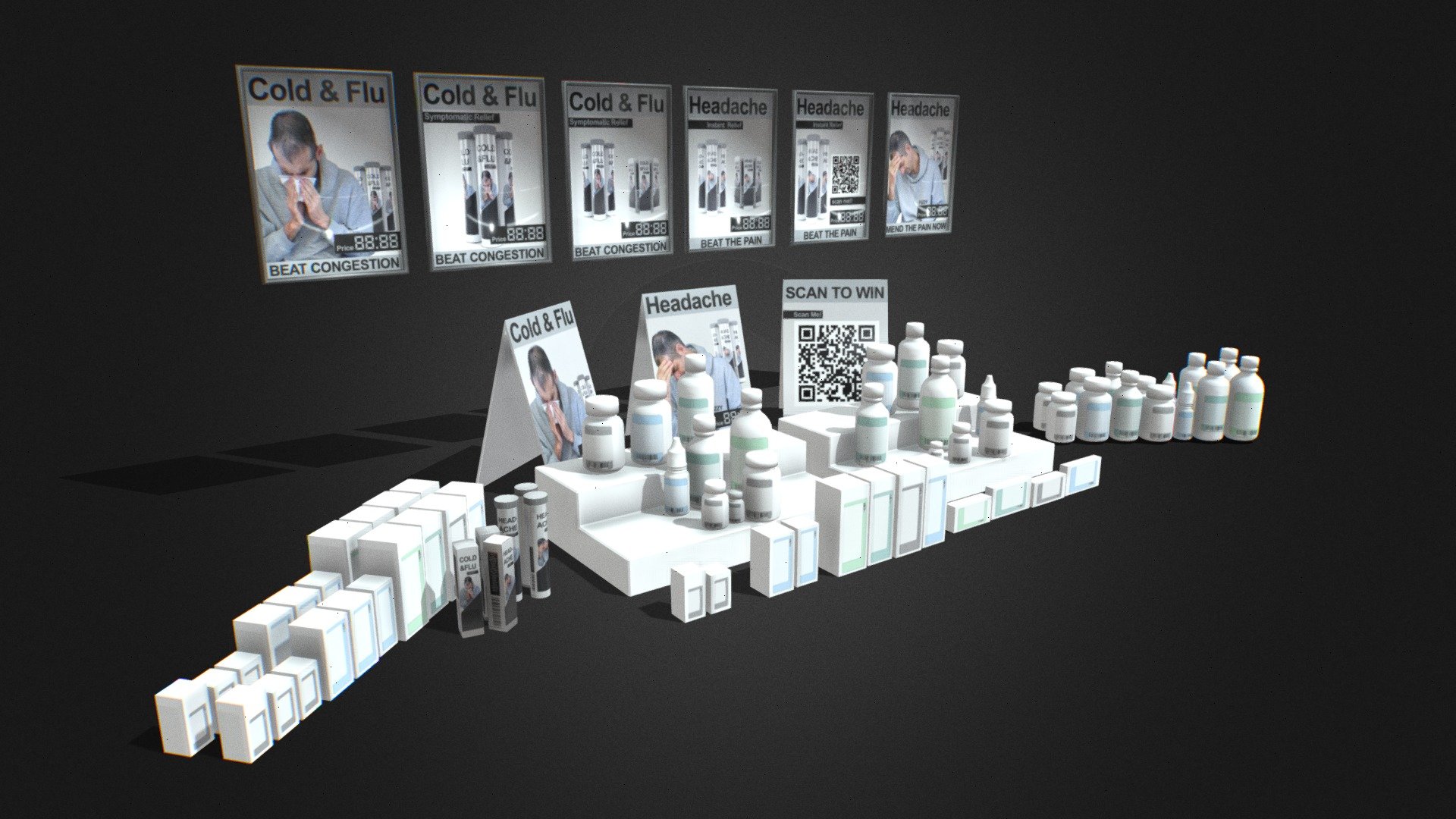 Pharmacy Drug Store Items pills / drugs posters, tablets, fizzy tablets, posters for flu and headaches - Pharmacy Drug Store Items pills posters - Buy Royalty Free 3D model by 3D Content Online (@hknoblauch) 3d model