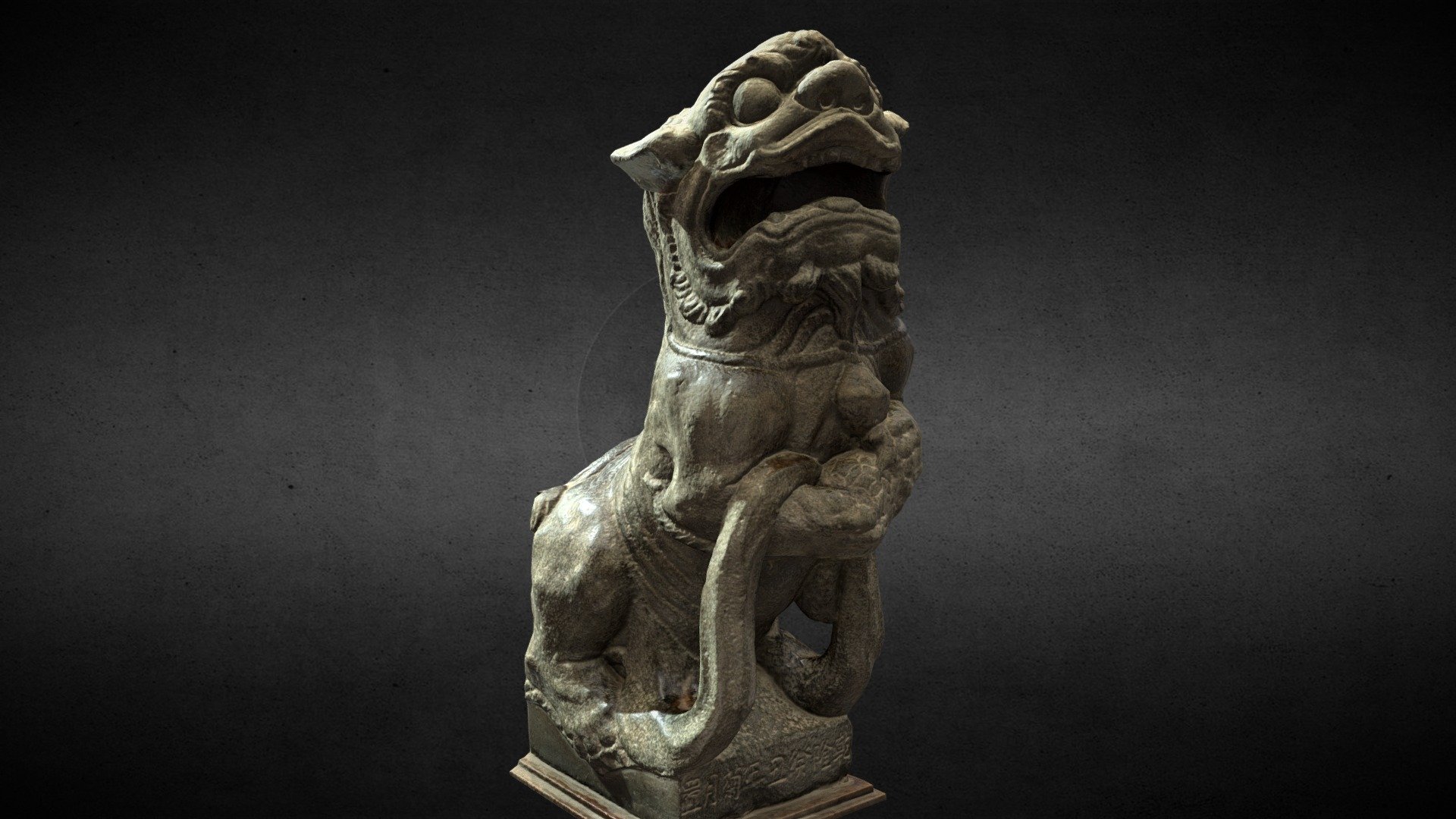 Lion-Statue-036M 大甲鎮瀾宮 公獅

對於早期的傳統雕刻，常有一種說法，稱其欠缺寫實能力，但真是如此嗎？看看這對成於兩百多年前的石獅，落有「乾隆癸丑年菊月置」、「銀同弟子林進喜助」字款，口形一開一闔，表情金剛怒目，背脊直挺，上半身前傾，將重量貫注於下端的綬帶及少獅，生動地刻劃出結實緊張的肌肉，鬃髮與綬帶亦如實唤起觀者對鬃髮流暢飄盪與布料舒捲翻折的印象。縱使民間藝匠從未看過真實的獅子，但從生活與傳統中汲取滋養，以及對物象深刻的親察與表現，不也創造出較真獅更加活靈活現的感人作品......

節自《臺灣石獅圖錄》陳磅礴著



Lion-statue-036M

Polys:30590
Verts:12945

Lion-statue-036M 3D Model. Model created with Photogrammetry and completed in 3ds Max.
Model used normal map for details. This model contains 30590 Triangles

Textures:

036M-AO.png—8192x8192(Ambient occlusion map)

036M-D.png—8192x8192(Diffuse map)

036M-N.png—8192x8192(Normals map)

036M-Rough.png—8192x8192(Roughness map) - Lion-Statue-036M 大甲鎮瀾宮 - Buy Royalty Free 3D model by Kevin Lai 賴昊君 (@HaoJunLai) 3d model