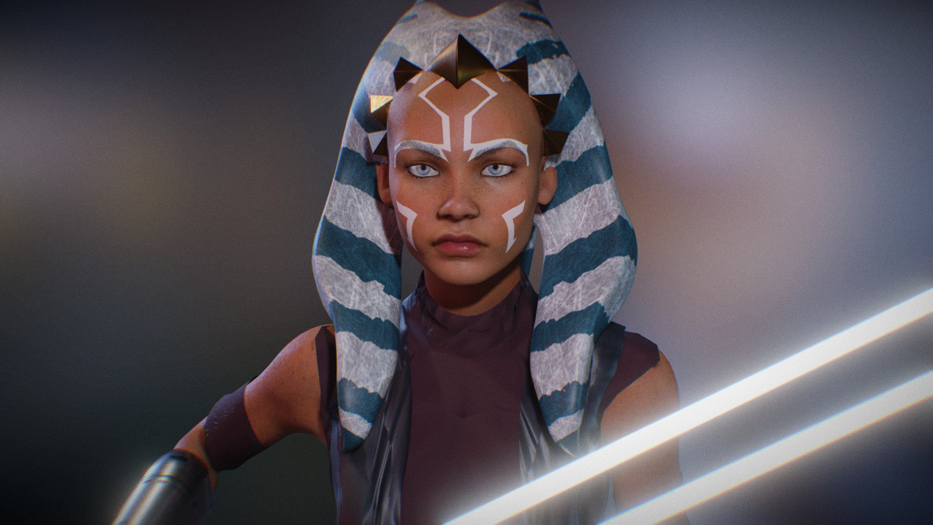 Clone Wars  Ahsoka from the StarWars series film female model. mixamo bone names for animations. sss subsurface scattering. body fully rigged.  basic face rig. model in blender file. Basic animation 3d model