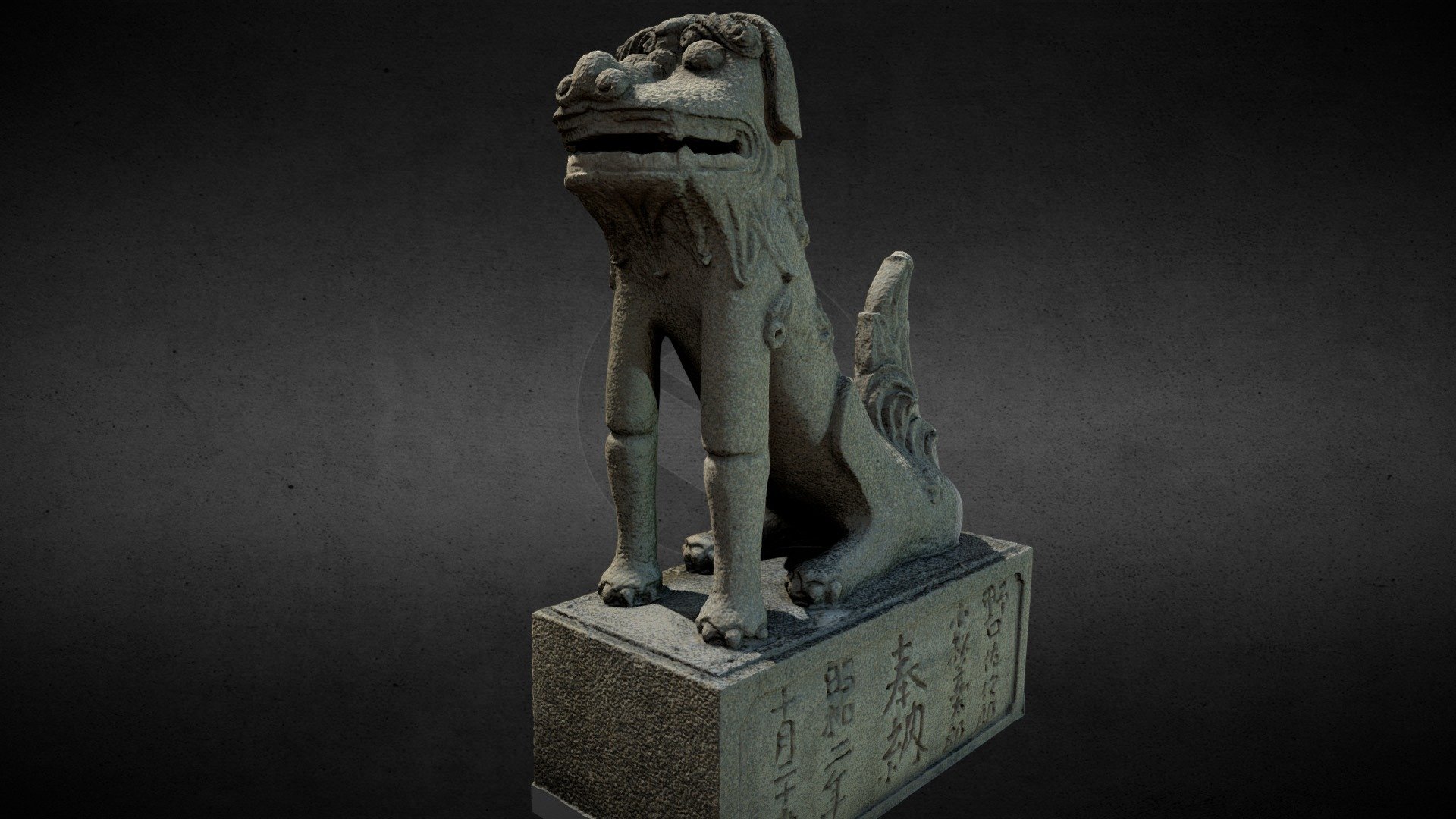 Lion-Statue-043M-花蓮-碧蓮寺 阿形

豐田神社大正四年（1915）鎮座，屬無格社，為豐田移民村的日人在臺灣安身立命的信仰倚靠。戰後神社被改建為碧莲寺，目前尚存鳥居、狛犬及石燈籠等遺跡。此對狛犬位於寺前，身驅刻有渦漩紋，台座處有「野口佐次郎 小松口太郎奉納 昭和二年十月二十五日」款。在造型上，匠師順著芯棒塑形，自後腦勺沿著背脊塑出一道優美的弧線，前端以筆直細長的前肢作為支應，未端則以豎立的尾鬃平衡了頭重腳輕的情況，在單純精簡中透出形的美感。如後肢不多作骨路肌肉的描寫，與服貼的鬃毛同匯融於渾暢簡潔的軀體；而前肢肘部僅以一横線劃分，即巧妙地打破視覺的單調冗長，卻又不至擾亂整體的協調，誠為一簡中寓繁的難得逸品。

節自《臺灣石獅圖錄》陳磅礴著



Lion-statue-043M

Polys: 29971
Verts: 14988

Lion-statue-043M 3D Model. Model created with Photogrammetry and completed in 3ds Max.
Model used normal map for details. This model contains 3004 Triangles

Textures:

043M-AO.png—8192x8192(Ambient occlusion map)

043M-D.png—8192x8192(Diffuse map)

043M-N.png—8192x8192(Normals map)

043M-Rough.png—8192x8192(Roughness map) - Lion-Statue-043M-花蓮-碧蓮寺 - Buy Royalty Free 3D model by Kevin Lai 賴昊君 (@HaoJunLai) 3d model