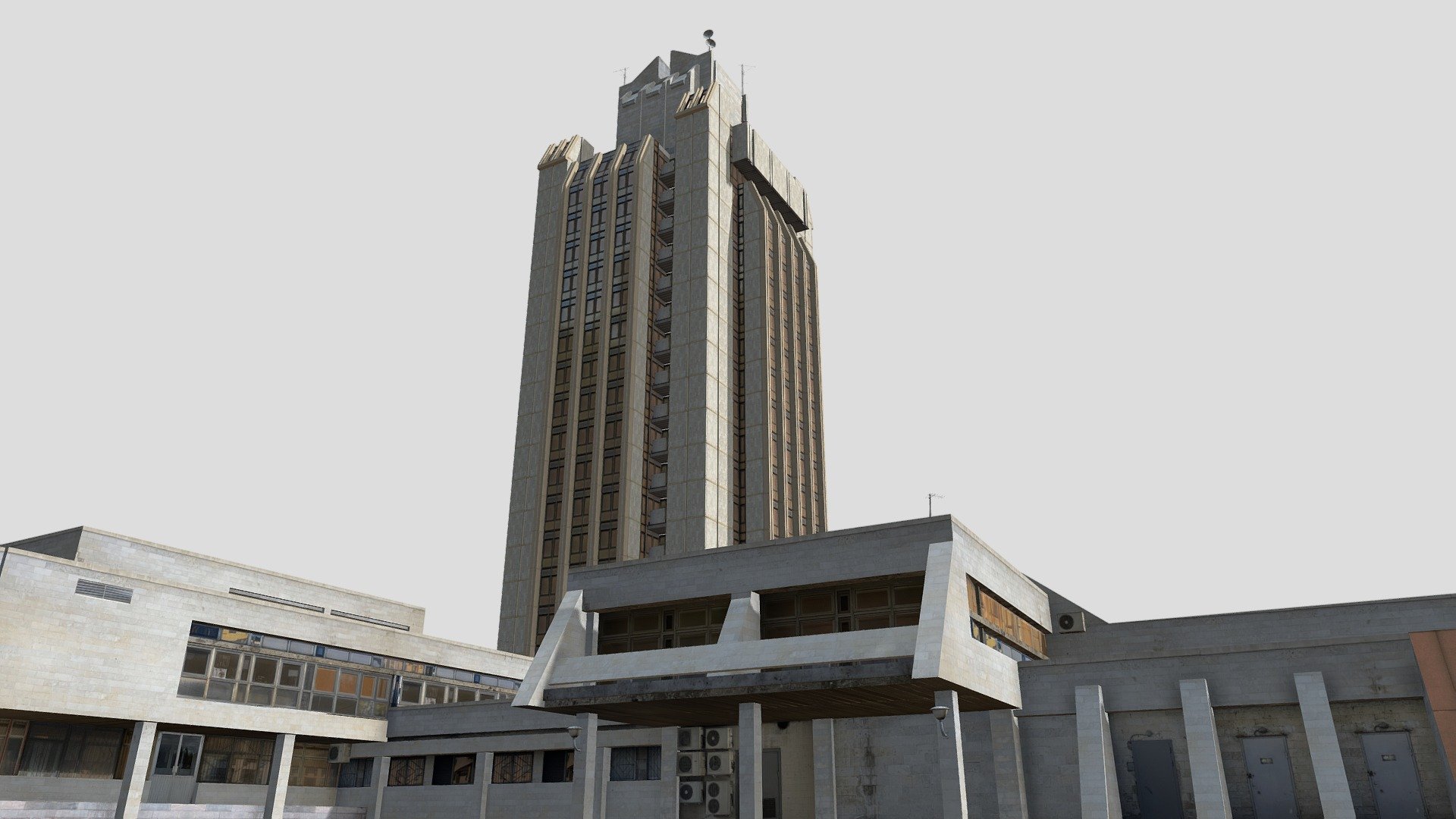 The project was developed by the Leningrad State Design Institute №5 in the early 80s under the direction of B.E. Sandler for LNPO Krasnaya Zarya. In view of the presence of weak soils at the construction site, the type of foundation was of particular importance. Weight and wind load are transferred to the ground through a box-section foundation supported by 700 piles. The core of the building is the shafts of six elevators, and the structure itself is a reinforced concrete frame with external panels. The low-rise wings of the building are assembled from reinforced concrete columns and beams. The outer walls are finished with expanded clay concrete panels, into which the finishing material, Saarema dolomite, has already been installed at the factory. The glazing of the building was carried out with teraflex double-glazed windows made in the GDR, a feature of which is the deposition of antimony oxides several microns thick between two layers of glass, which gave the glass a bronze-chocolate color 3d model