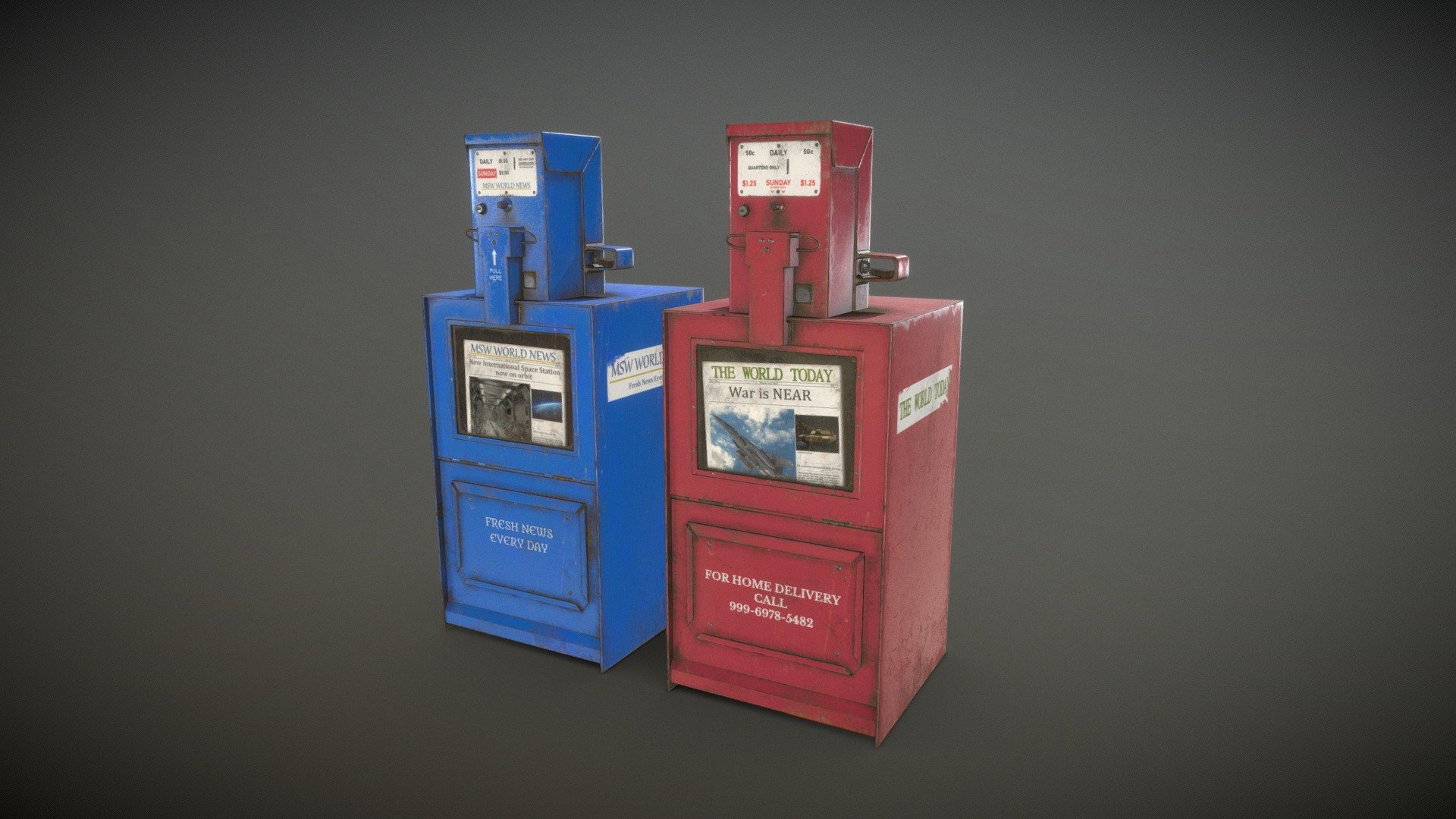 Game Ready Newspaper Dispenser:

Low poly 3d model of a Newspaper Dispenser with 4 PBR texture sets. 2 different colors and 2 levels of dirt on each:




Real-world scale and centered.

The unit of measurement used for the model is centimeters.

Polys: 517 (Converted to triangles: 1.022) - Each machine

Textured in Substance Painter.

All branding and labels are custom made.

2 PBR materials (blue and red) with 2 levels of dirt and 2048x2048 textures.

Provided Maps (cleand and dirty):




Albedo

Normal

Roughness

Metalness

AO

Formats Incuded - MAX / BLEND / OBJ / FBX / 3DS

All my models have an average texel density that ranges between 512 and 1024.

Other formats available upon request.

This model can be used for any game, film, personal project, etc. You may not resell or redistribute any content - Newspaper Dispenser - Low Poly - Buy Royalty Free 3D model by MSWoodvine 3d model