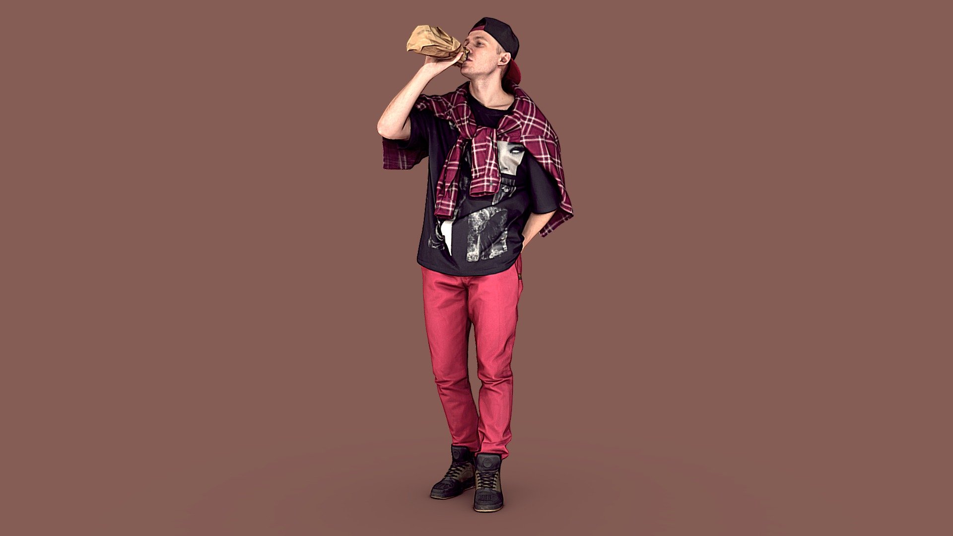 Follow us on instagram ✌🏼

✉️ A young man, a guy of slender build, in red pants, high-top sneakers, in a cap, put on a plaid shirt over his shoulders, holds a bottle in a craft bag, drinks.

🦾 This model will be an excellent mid-range participant. It does not need to be very close and try to see the details, it reveals and demonstrates its texture as much as possible in case of a certain distance from the foreground.

⚙️ Photorealistic Casual Character 3d model ready for Virtual Reality (VR), Augmented Reality (AR), games and other real-time apps. Suitable for the architectural visualization and another graphical projects. 50 000 polygons per model 3d model