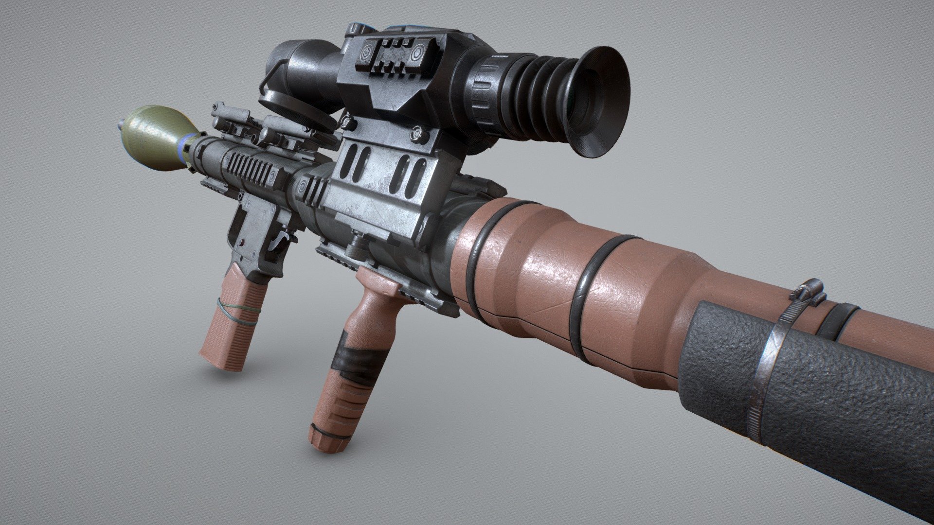 || Airtronic PSRL ||

Airtronic PSRL, Game Ready asset is a high quality, low poly asset originally modeled in 3DS Max 2017.

|| Geometry ||

Total (With optic):

14.805 Total Polys

14.678 Total Verts

28.844 Total Tris

Polycount (Optic):

3.442 Total Polys

3.369 Total Verts

6.527 Total Tris

Model unwrapped manually to make most efficient use of the UV space.

Model scaled to approximate real world size. All materials and objects named appropriately.

Tested in Marmoset Toolbag 3 (see renders).

No special plug-ins needed to use this product.

|| Textures ||

Textures in .targa format:

4k texture set for the Weapon (Basecolor, ambient occlusion, metallic, roughness, normal)

2k texture set for the Optic (Basecolor, ambient occlusion, metallic, roughness, normal) - AirTronic Precision Rocket Launcher PSRL PBR - Buy Royalty Free 3D model by Infinity_GameStudio (@Joel12) 3d model
