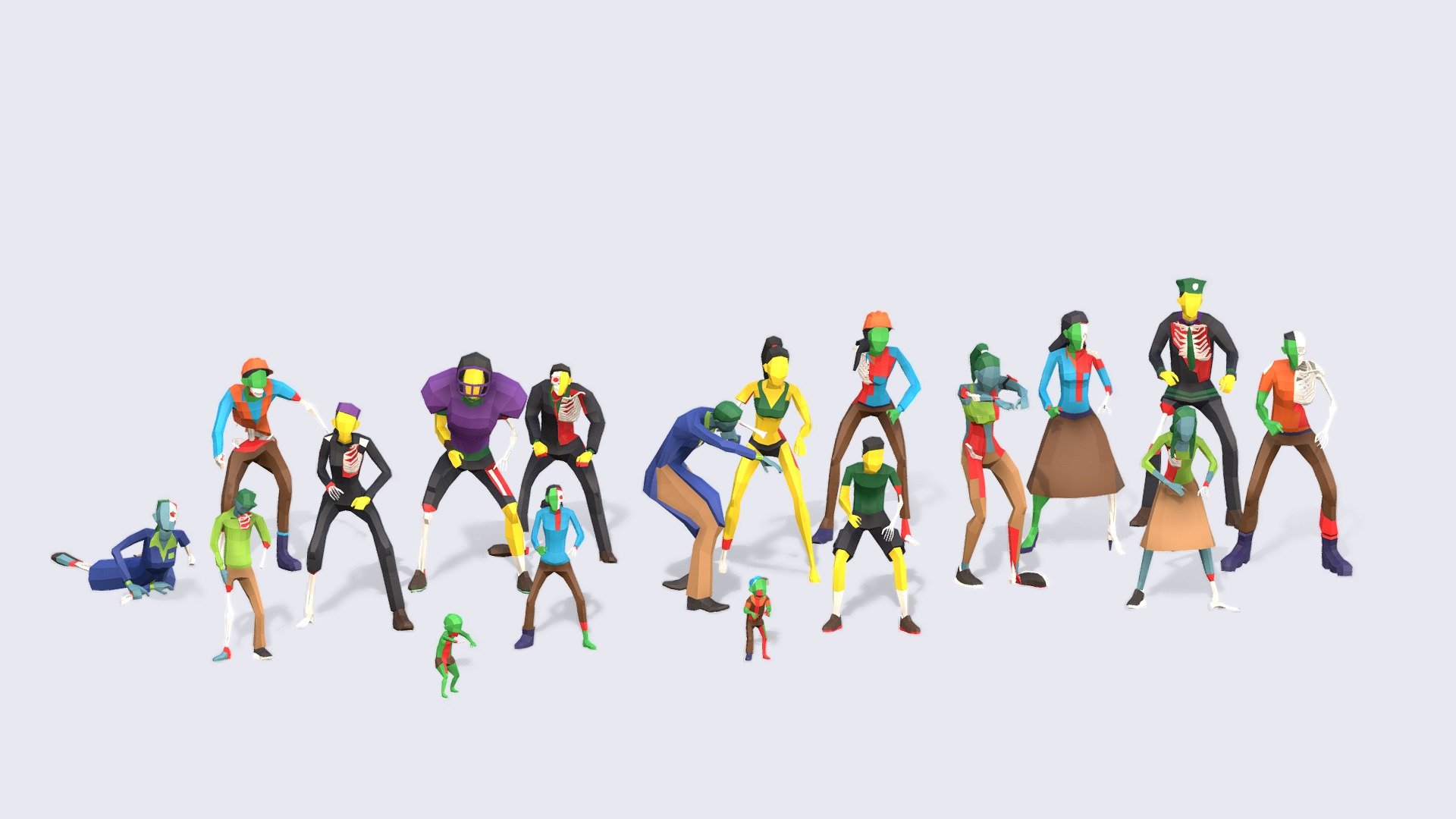 LOW POLY ZOMBIES
Our animated and rigged low poly people packs come in a variety of styles and themes, from realistic and sci-fi to fantasy, and are expertly crafted to provide seamless integration into your workflow. Our experienced team animators and riggers have painstakingly created each character to ensure they move and behave with a lifelike quality that will captivate your audience.

Includes:




Independent Rest Pose in files: FBX, OBJ, GLB -for easy rigging

Independent Animated -FBX, BLEND (Native) -file includes all 18 animations

Textures created for the pack.

PROPS AND EXTRA MODELS INCLUDED AS SEEN ON 3D MODEL
Make your crowds stand out from your competition with our collection of low poly people with amazing possibilities.





This pack is the first that we upload with our 3RD GENERATION of Animated Low-Poly People and it will be included in The Compilation
 - Low Poly Zombies - Animated & Rigged - Buy Royalty Free 3D model by Studio Ochi (@studioochi) 3d model