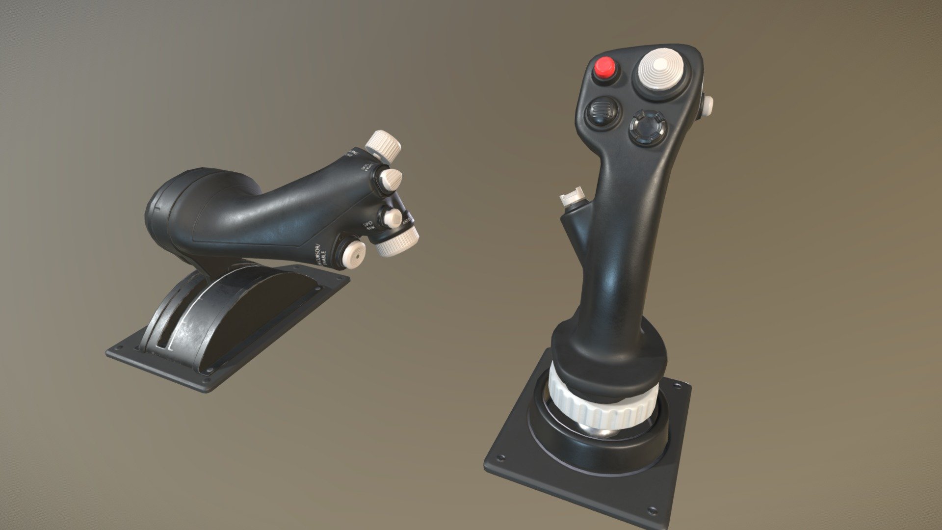 I'm modeling a drone ground control station, and here are the hotas. I'm doing this for VR, we are using Unreal Engine 4. I used Blender, Substance Painter, Substance Designer and Photoshop.
You can see the full ground control station in this link: https://marcosvgon.blogspot.com/2019/07/modelos-hotas-2019.html - Low Poly Hands On Throttle and Stick for VR - Download Free 3D model by marcosgon 3d model