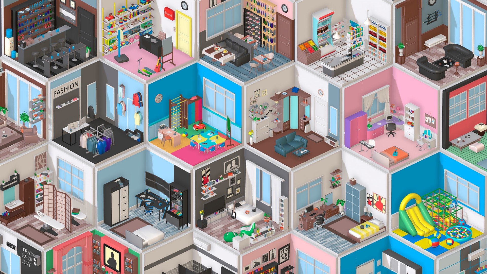 Interior 4

Package:




Demo scene (28 rooms).

Where to use:





Games. Models optimized for game engines;




Multiplication;




Advertising and marketing;




NFT, metaverses;




VR / AR;




3d printing.



Features:





By combining assets, you can create your own unique room, building;




You can easily change the color of assets - using the UV map;




Pivot in the logical place of the object;




Model has a logical name.



Geometry: 




294k triangles all pack.

Items:




Walls

Stairs

Fences

Sofa

Chairs

Bathroom

Bed

Closet

Clothing

Table

Door

Props

Flooring

Flowers

Kitchen

Props kitchen

Lamp

Music

Gym

Children's toys

Window

Pictures

Scale: 

Real-world-size.

Room sizes (meters):

4x4x4.

Material:

All models use 1 materials (color) 

Textures:

All models use one texture (as a color palette).

Resolution: 1024 px

If you liked this package, please leave a review! Creativity to you! - Interior 4 - Buy Royalty Free 3D model by ithappy 3d model