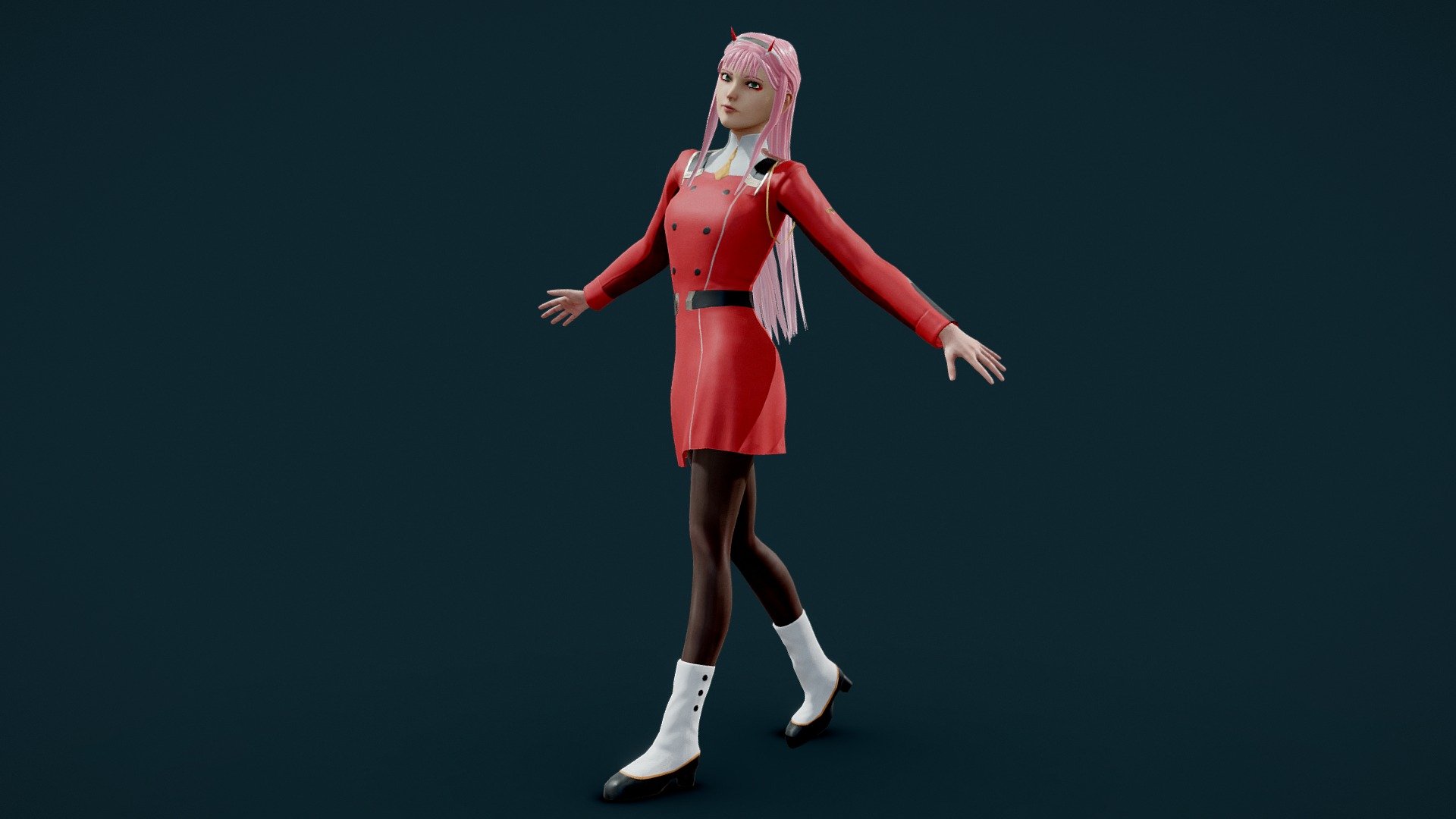 POLY COUNT:




|Faces: 14174

|Triangles: 28318

|Vertices: 14852

|Edges: 29001

Format:




.blend

.FBX

.OBJ

Blender scene:




|Low-poly mesh

|Shaders

|Rigging

|Lights

TEXTURES:

5 texture set:




|HEAD [4K]

|BODY [4K] 

|EYES [1K]

|HAIR [2K] 

|MOUTH [1K]

4 Color HAIR versions 

6 Color BODY versions




BODYRoughness use with BODY_Base_Color, Base_Color_2, Base_Color_3

BODYRoughness2 use with BODY_Base_Color_1_1, Base_Color_2_1, Base_Color_3_1

All textures are signed and located in separate folders.

Model Info:




Model Name: Zero Two

Model Height: 166cm

PBR Textures

Full Rigging with Blender





Thank you for supporting !
 - Zero Two Game Ready 3D Model - Buy Royalty Free 3D model by RayMorel 3d model