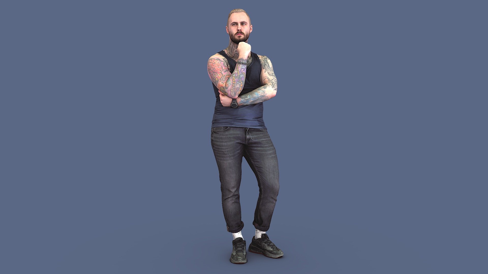 Follow us on instagram ✌🏼

✉️ A young man, a tight-bodied guy with dyed blond hair and a beard, in dark jeans, a T-shirt and sneakers, his neck, chest and arms in tattoos, is standing in a relaxed position, his hand is near his face, thinking, waiting.

🦾 This model will be an excellent mid-range participant. It does not need to be very close and try to see the details, it reveals and demonstrates its texture as much as possible in case of a certain distance from the foreground.

⚙️ Photorealistic Casual Character 3d model ready for Virtual Reality (VR), Augmented Reality (AR), games and other real-time apps. Suitable for the architectural visualization and another graphical projects. 50 000 polygons per model 3d model