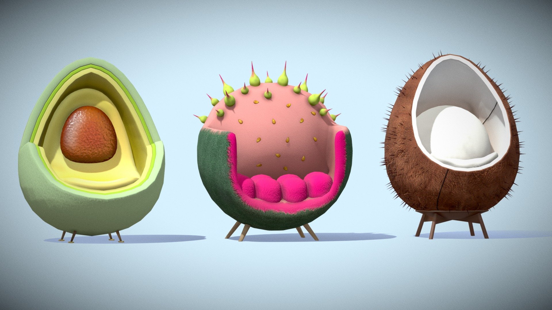 AI-Inspired Armchair Collection: Tropical
Inspired by the ingenious AI-generated designs of  Bonny Carrera , we've transformed ordinary fruits and vegetables into extraordinary pieces of furniture. In this pack, you'll discover Avocado, Passion Fruit, and Coconut armchairs that redefine the boundaries of furniture artistry 3d model