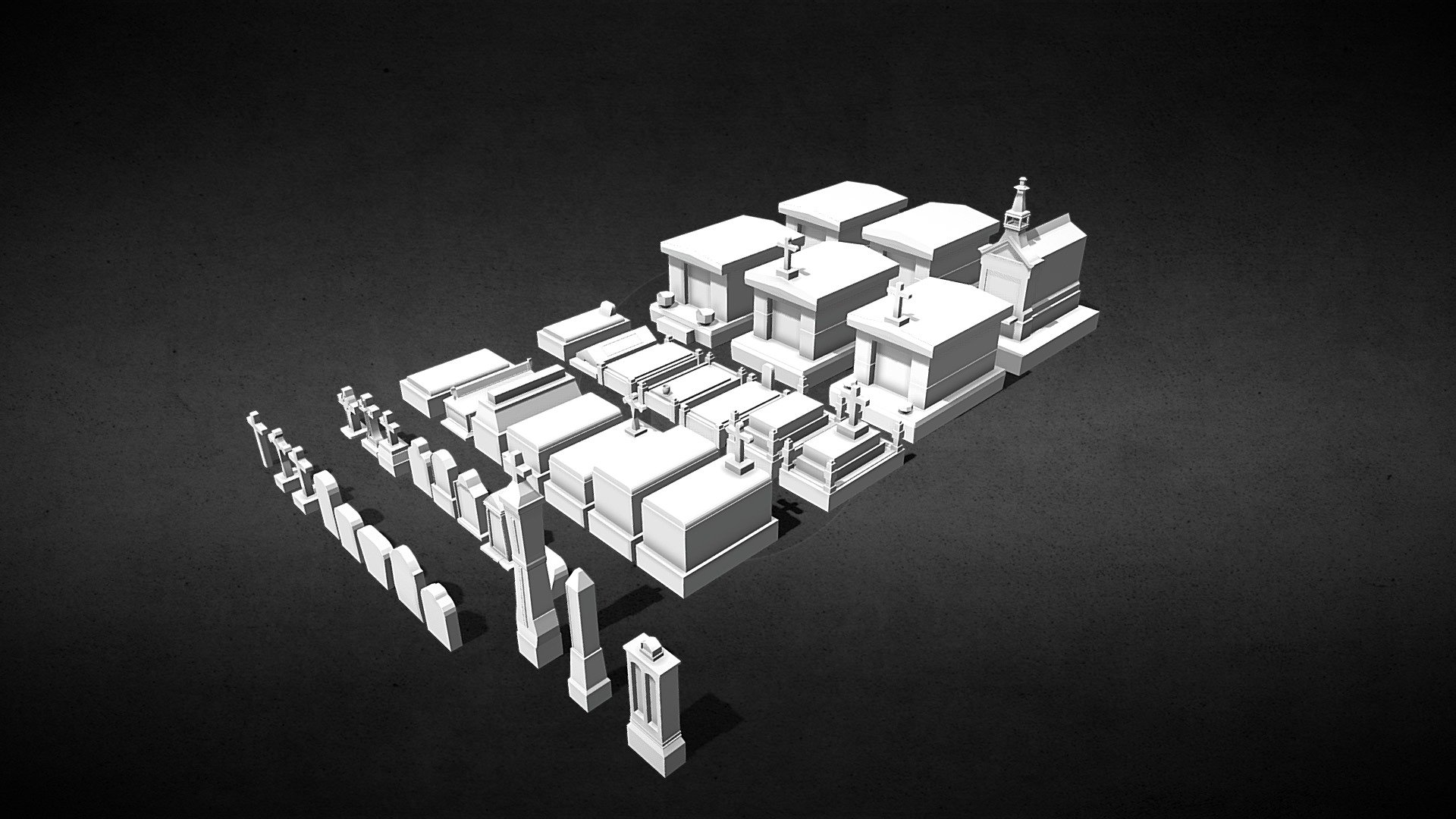 This pack is a collective of older models done along the years.

WARNING You may need to adjust the models acording to your needs, and the UV if you want. UV are Smart Unwrap, so they are not done perfectly.

*This model is not printable. If you encounter any trouble using the asset, send us a message. * No textures, only 1 material. So you can do what ever you need.

This pack contains: (view images) 6 - Crosses 10 - Tombstones 3 - Pilars 14 - Vaults 6 - Mausoleum - Gravestones Kit Bash Low-poly 3D model - Buy Royalty Free 3D model by 3DGuimaraes 3d model