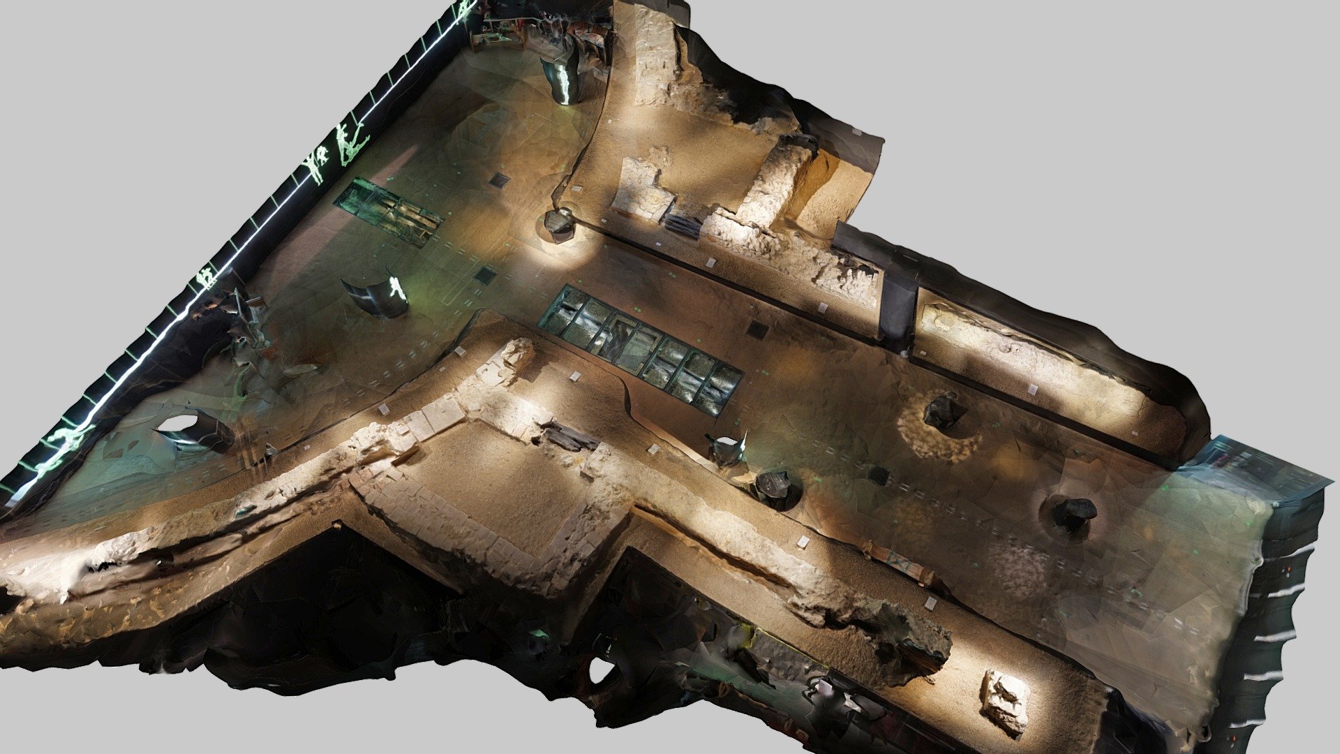 The archaeological remains of part of London's Roman Amphitheatre discovered in 1988 and now housed in a large room below Guildhall Art Gallery, London. The amphitheatre can be visited by booking (free) tickets to the Guildhall Art Gallery.

Date: built AD 74 (timber) and rebuilt AD 120 in stone.

https://www.cityoflondon.gov.uk/things-to-do/attractions-museums-entertainment/guildhall-galleries/londons-roman-amphitheatre

465 photos taken in June 2021 with a Sony a6000 and processed in Agisoft Metashape 3d model