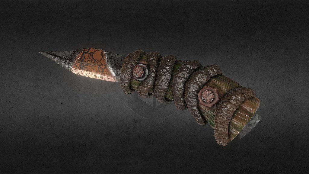 A post apocalyptic style blade/knife created in the far future by a tribal community with access to scrap metals and rescources, the blade is intended to be made of pieces of sharpened bronze and steel welded together, bolted to seperate halves of wood and secured with lashings of leather cord/string, and then stained with an acid solution to give a decorative look. 

This is my first time using what you'd consider the whole pipeline with a standalone texturing program, so it hopefully has more detail than my other models 3d model
