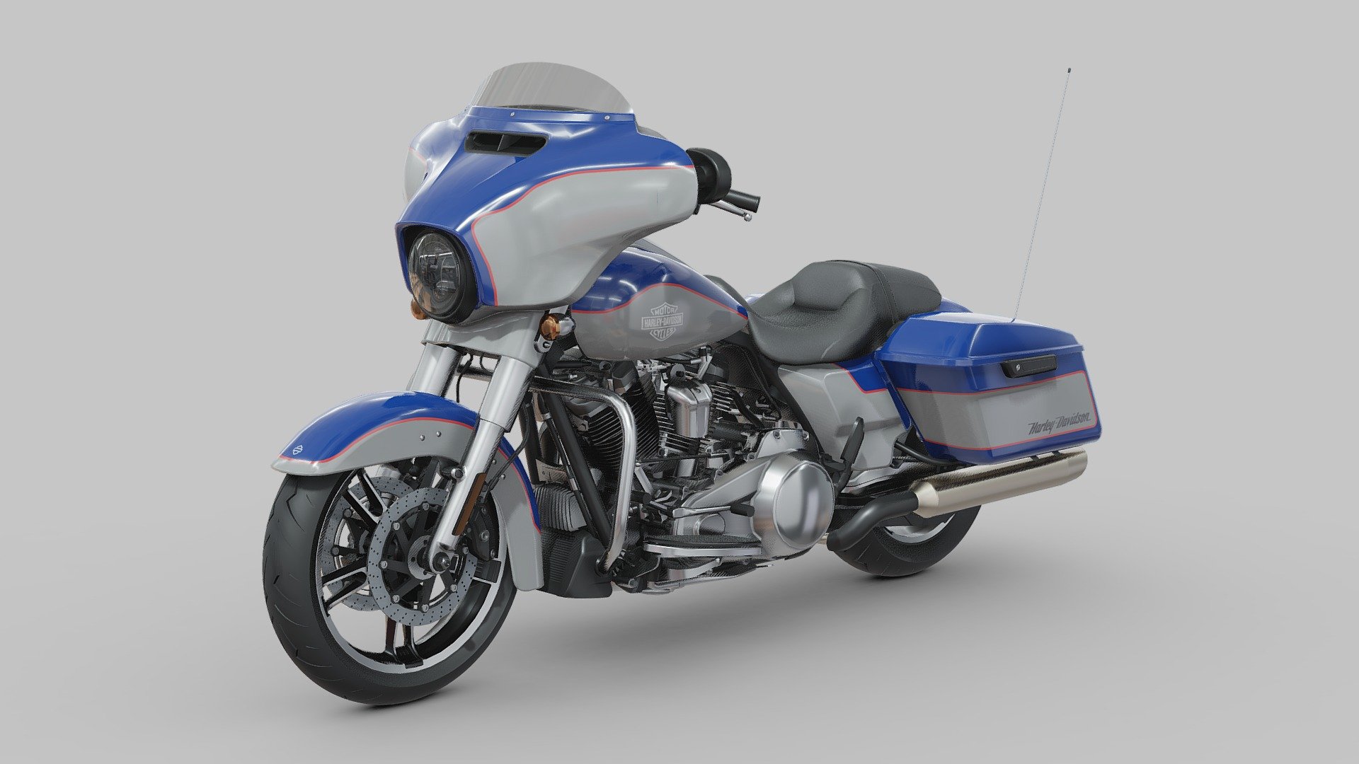 The Harley-Davidson Street Glide Special is a touring motorcycle that blends classic American styling with modern comfort and performance. Crafted by the legendary American manufacturer, Harley-Davidson, the Street Glide Special offers riders a luxurious and commanding ride for long-distance journeys.
Powered by a potent Milwaukee-Eight 114 V-twin engine, the Street Glide Special delivers impressive torque and power, ensuring effortless acceleration and smooth cruising on highways. Its sleek and aerodynamic design, featuring a distinctive batwing fairing and iconic shark-nose front end, not only enhances its visual appeal but also provides excellent wind protection for rider and passenger comfort. Whether cruising through scenic landscapes or embarking on cross-country adventures, the Street Glide Special delivers a premium touring experience that defines the American touring motorcycle tradition 3d model