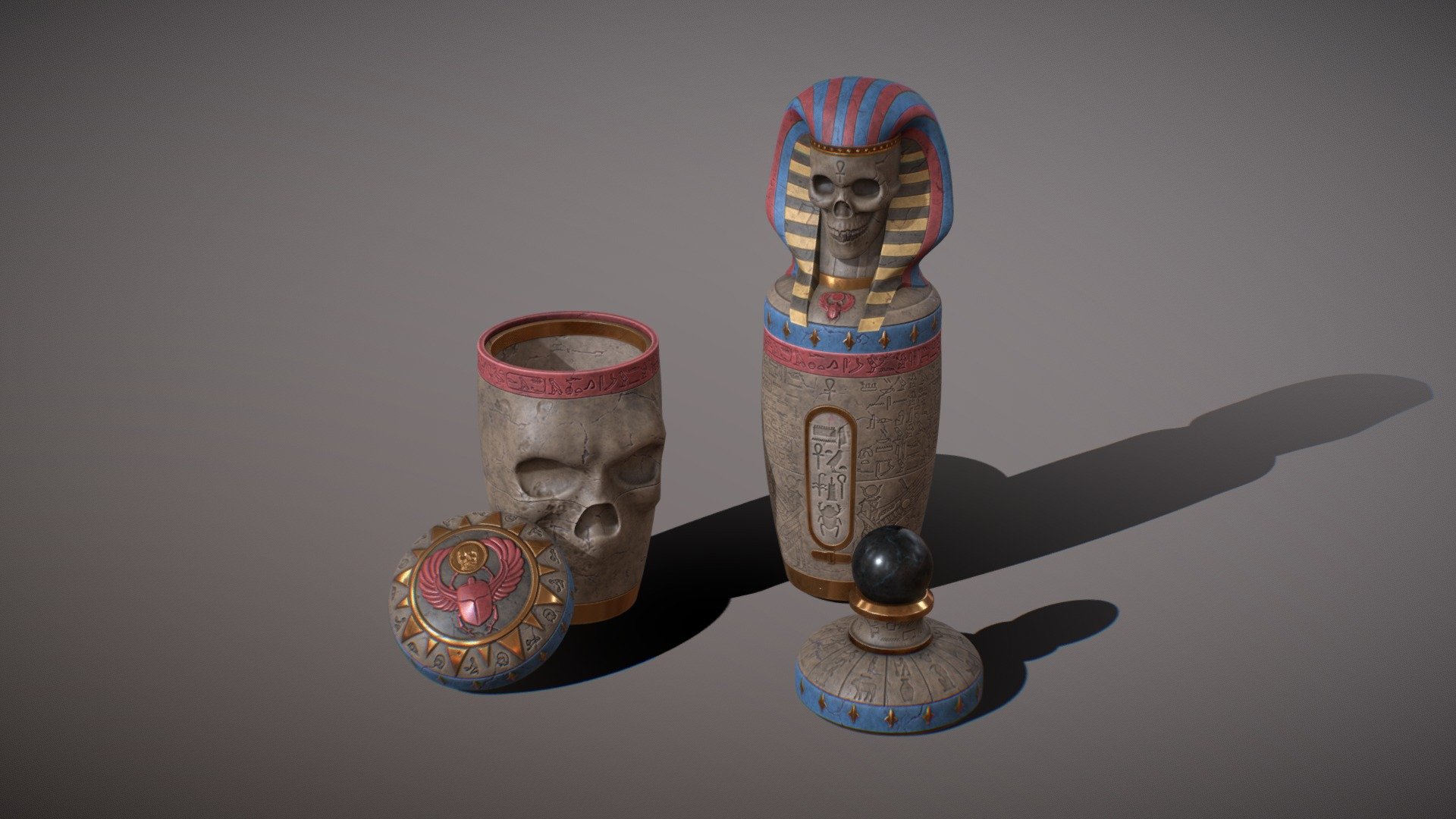Two fictional ancient Egyptian styled canopic jars with three compatible lids. Made to be used by a necromancer, pharaoh or death priest 3d model