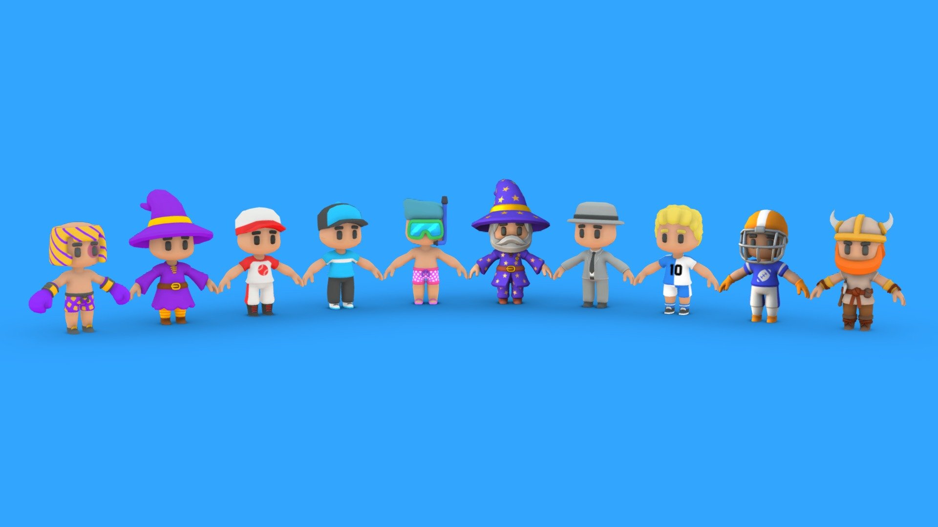 Character models for your next games. 10 models optimized for mobile platform. All models have a low poly count, You can use them on Mobile, Desktop and Console platforms!




Textures are baked for Ambient Occlusion. Each character has 1 texture.

Animations are not included

Types of characters you can find;

Baseball Player - Swimmer - American Football Player - Wizard - Casual Character - Suit Man - Soccer Player - Viking -Boxer - Sorcerer

Thank you all for purchasing our pack! If you have a specific requirement for an model, we will be happy to add it! Just send us an Email

Check my other packages &ldquo;