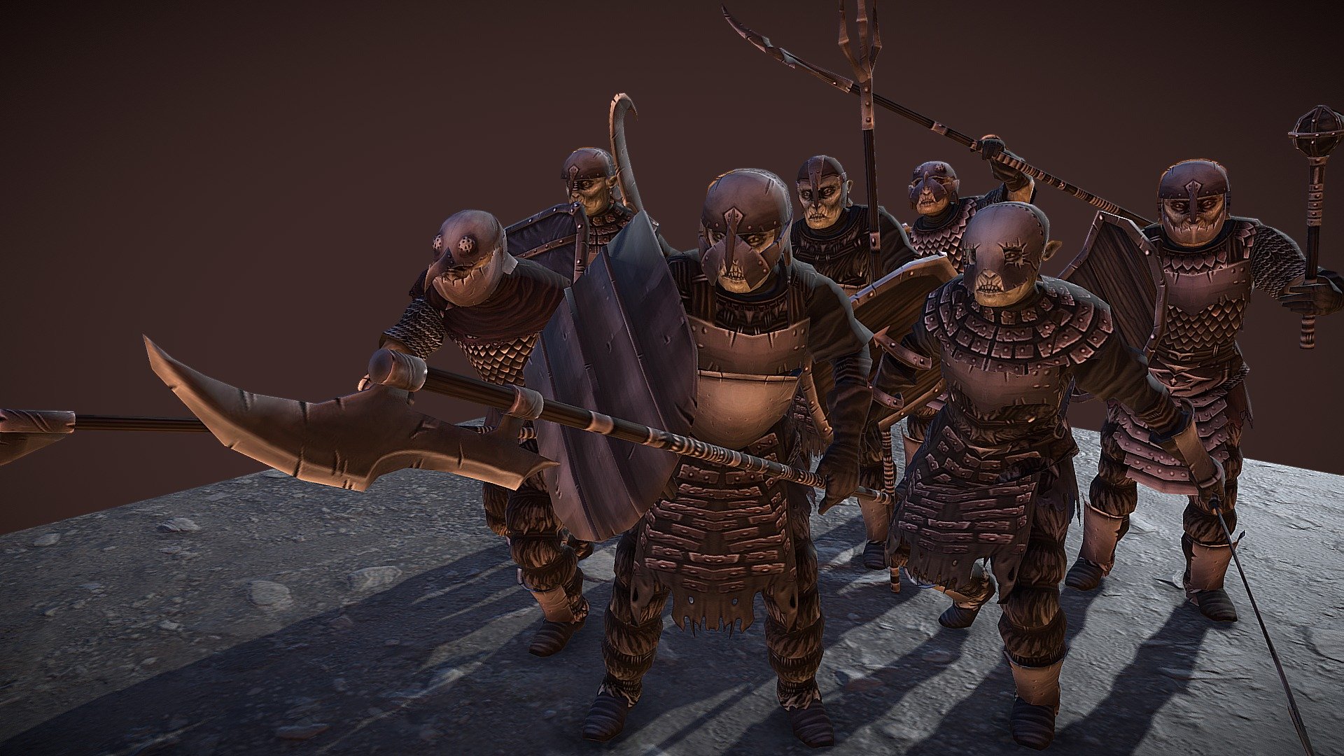 This is a sneak peak of  a scene I´m trying  to finish. I said they are friendly, but I lied. sorry.  the model and rigging was made in blender, and textures are hand-painted 3d model