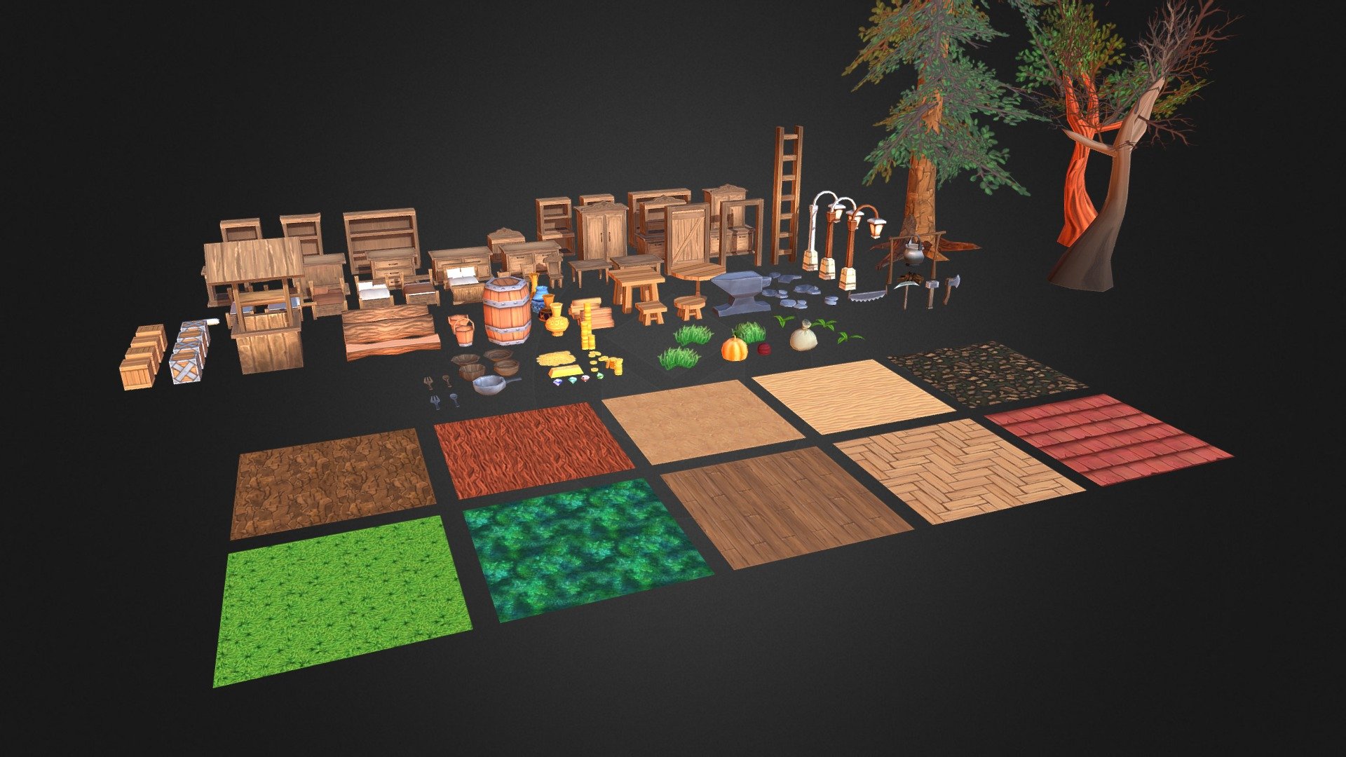 Little pack made in 3ds max, Photoshop and a little of 3dcoat.

Attached files include everything you see on screen:





meshes .fbx




meshes .fbx with EmbedMedia checked (included textures)




textures .tga




3ds max 2016 file with this scene



Textures sizes:

 - Little hand painted low poly pack - 3D model by Lizardsking 3d model