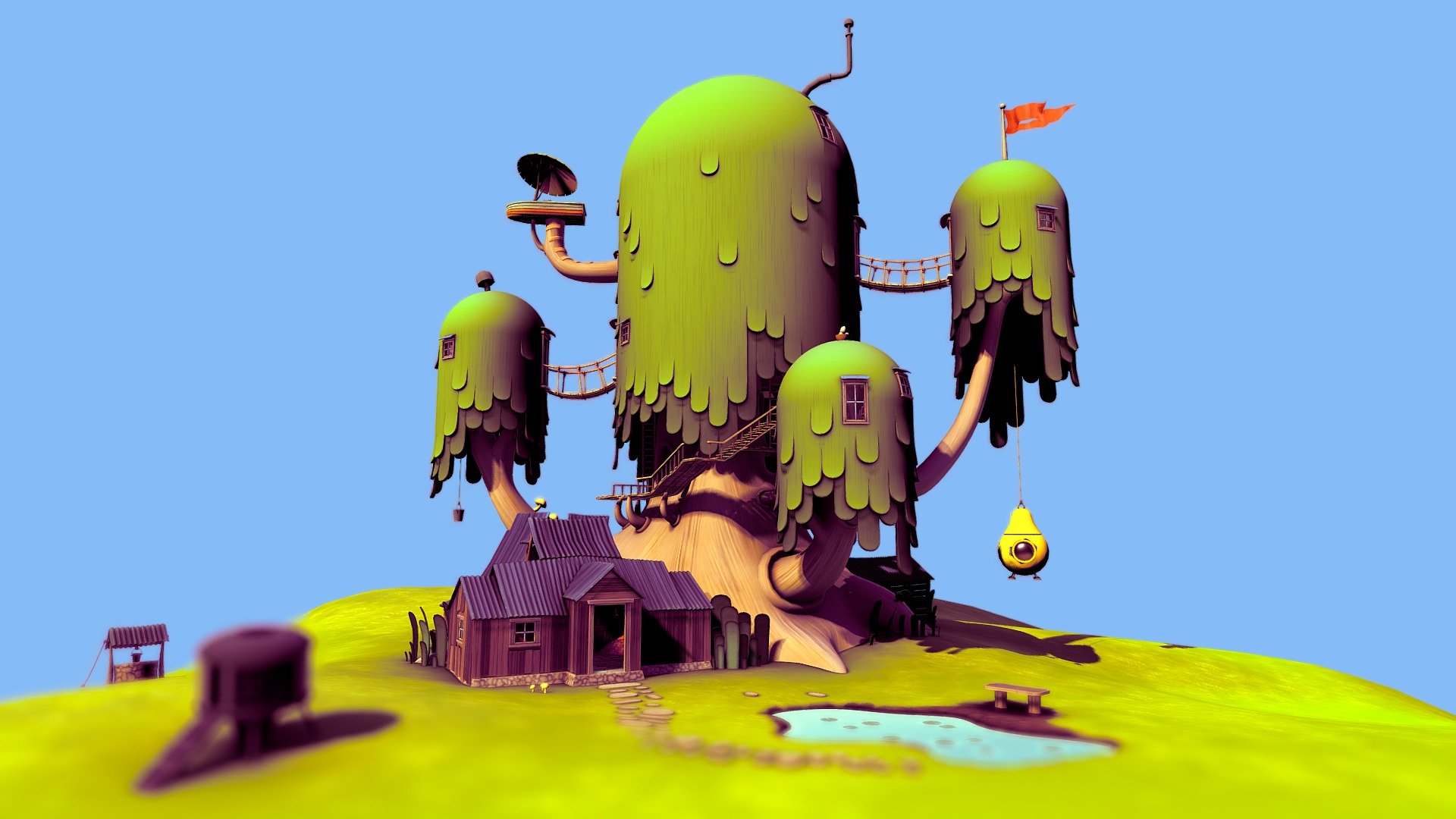 A few years ago I was asked by PK (aka King Deluxe) to contribute something to his VRChat world called The Land of Ooo, which was based on the cartoon TV series Adventure Time.  For reasons I still can't quite fathom I volunteered to take on creating Finn and Jake's entire Tree Fort inside and out!

I completed the model but unfortunately other work commitments at the time meant I wasn't able to texture it, so it was left up to other artists to finish it off.  And, even though they did a fantastic job, it was always my intention to one day revisit it and texture it myself 3d model