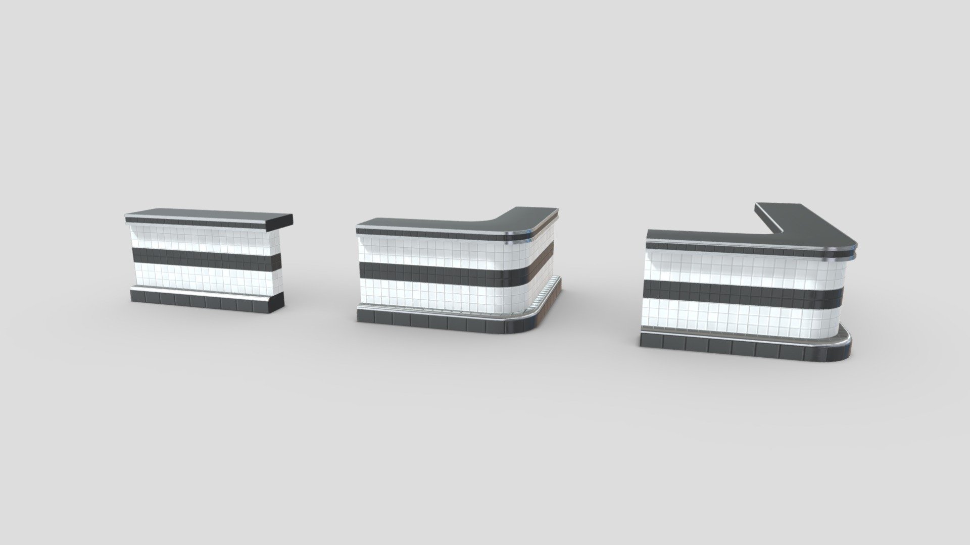 Retro diner bar counter 3D model collection that I made using Blender. It includes 3 bar counter versions that can be duplicated, transformed, and snapped together to create a custom diner counter. Each model uses materials that have been baked into their own PBR material.

Features:




Includes 3 variations of diner bar counter 3D models

Made using 2K PBR textures in PNG format and uses the metalness workflow

Normal maps used to create tile detail on the walls

Models have been manually UV unwrapped

Blend files have pre-applied materials/textures with camera and lighting setups 

Models exported in FBX, OBJ, GLTF/GLB, DAE/Collada file formats 

Includes GLTF file type instructions and help document 

Includes rendered images, wireframes, and extras

Included Textures:




AO, Diffuse, Roughness, Gloss, Normal, Metallic

UVLayout

 - Retro Bar Counter Collection - Buy Royalty Free 3D model by Pickle55100 3d model