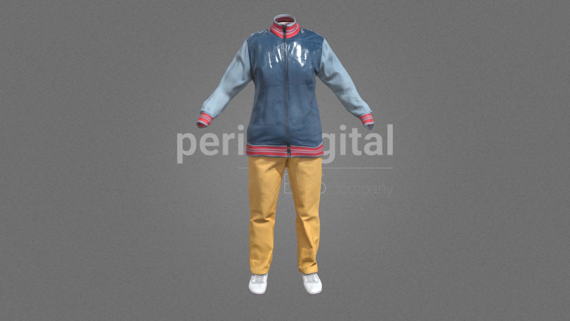 Blue jacket with light blue sleeves and red necj and cuffs, white short sleeved shirt with prints, yellow trousers and white shoes

PERIS DIGITAL HIGH QUALITY 3D CLOTHING They are optimized for use in medium/high poly 3D scenes and optimized for rendering. We do not include characters, but they are positioned for you to include and adjust your own character. They have a LOW Poly Mesh (LODRIG) inside the Blender file (included in the AdditionalFiles), which you can use for vertex weighting or cloth simulation and thus, make the transfer of vertices or property masks from the LOW to the HIGH model. We have included in Additional Files, the texture maps in high resolution, as well as the Displacement maps in high resolution too, so you can perform extreme point of view with your 3D cameras. With the Blender file (included in AdditionalFiles) you will be able to edit any aspect of the set . Enjoy it!

Web: https://peris.digital/ - 80s Fashion Series - Woman 26 - 3D model by Peris Digital (@perisdigital) 3d model