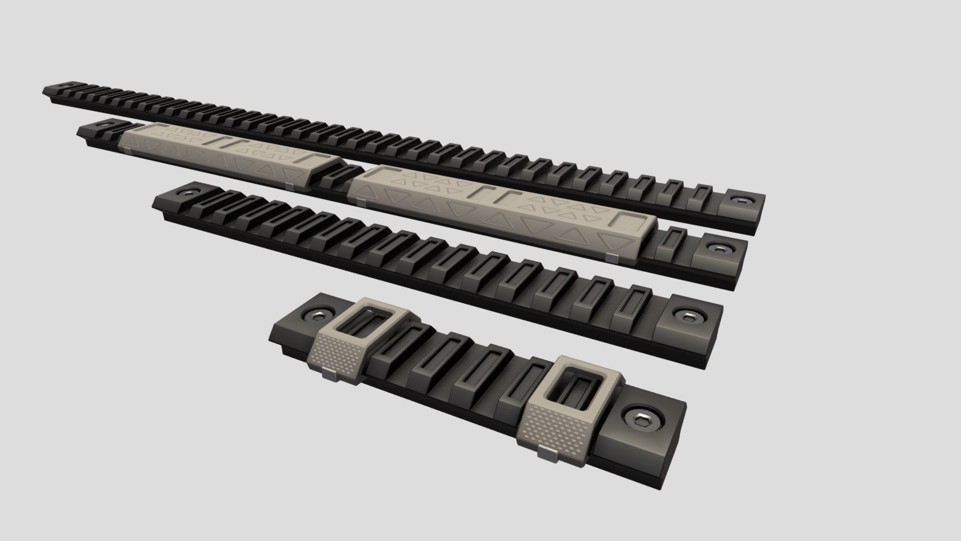 Modeled in Blender
Textures and materials - Gun RIS RAS Picatinny Rail Sections Kit - Buy Royalty Free 3D model by Socksthecat 3d model