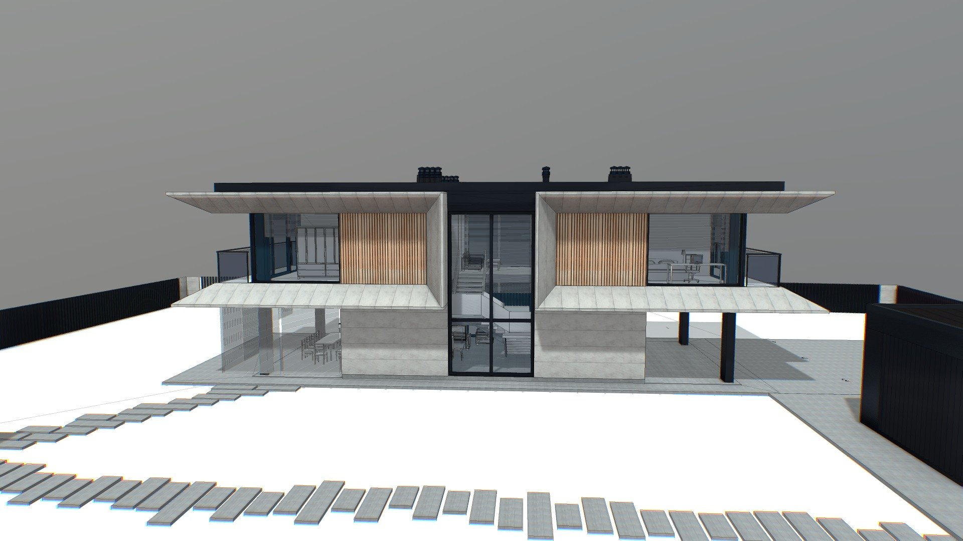 House - 198; 
Balconies - 19
Terraces - 54

2 Bedrooms + 2 Master bedrooms
2 bathrooms
Kitchen-Living Room
Dressing room with boiler room

Material: reinforced concrete monolithic frame and gas silicate block 300 mm thick.
Exterior wall decoration: composite facades, sheet metal, thermowood slats - Hi-tech modern house 198+19+54 - 3D model by _ilyarch 3d model