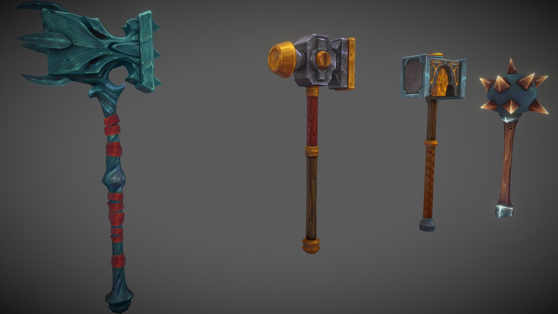 Stylized weapons for a project.

Software used: Zbrush, Autodesk Maya, Autodesk 3ds Max, Substance Painter - Stylized Fantasy Hammers - 3D model by N-hance Studio (@Malice6731) 3d model
